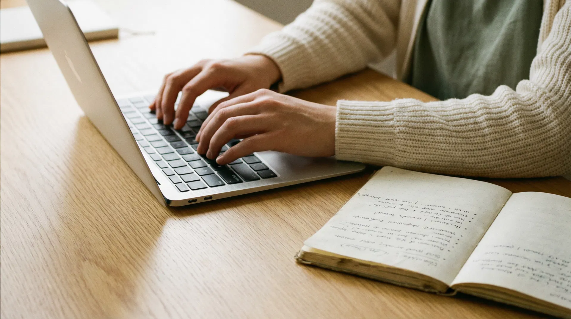 Hands typing a thoughtful follow-up email on a laptop with an open notebook beside it