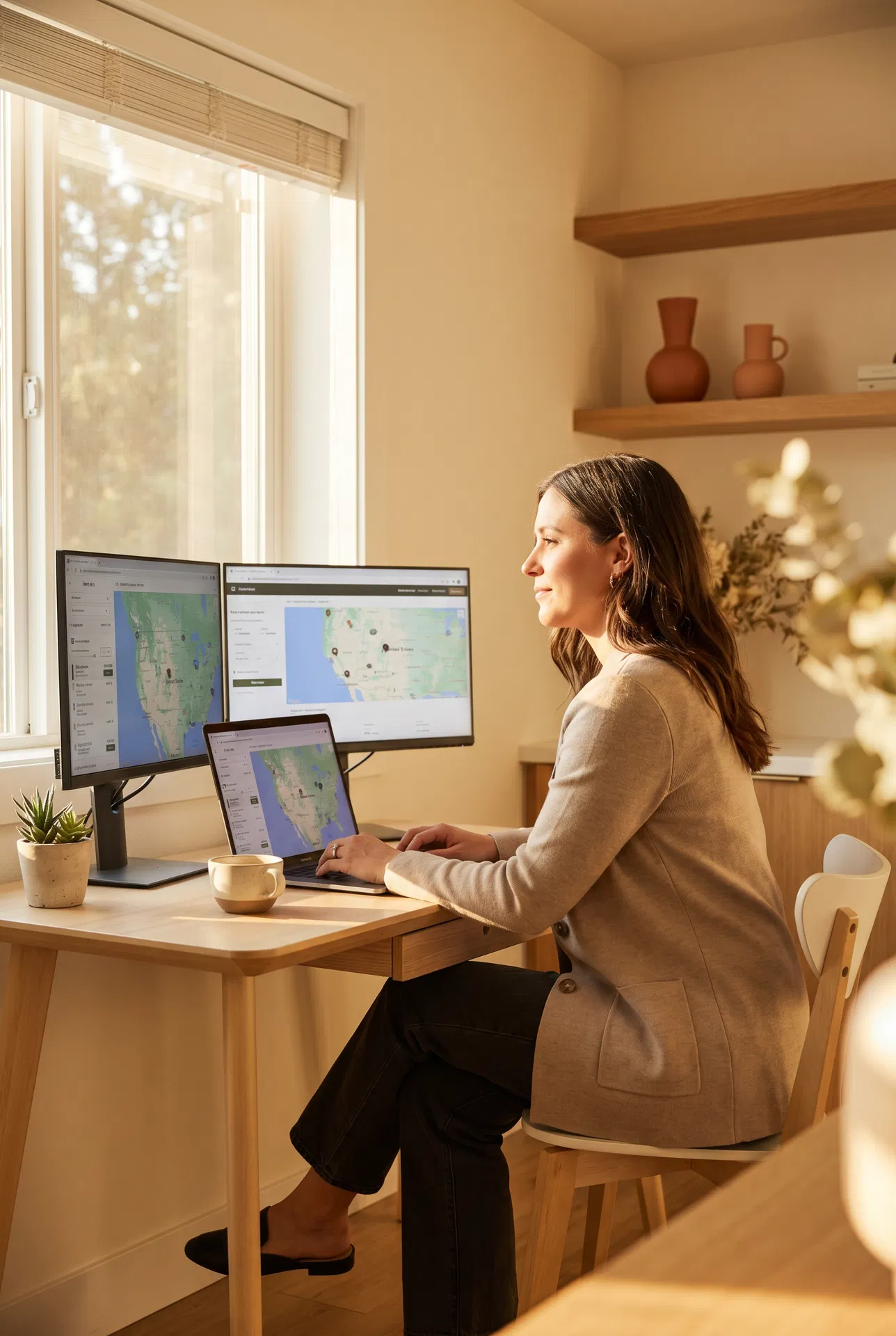 Travel agent at desk with maps and notebook