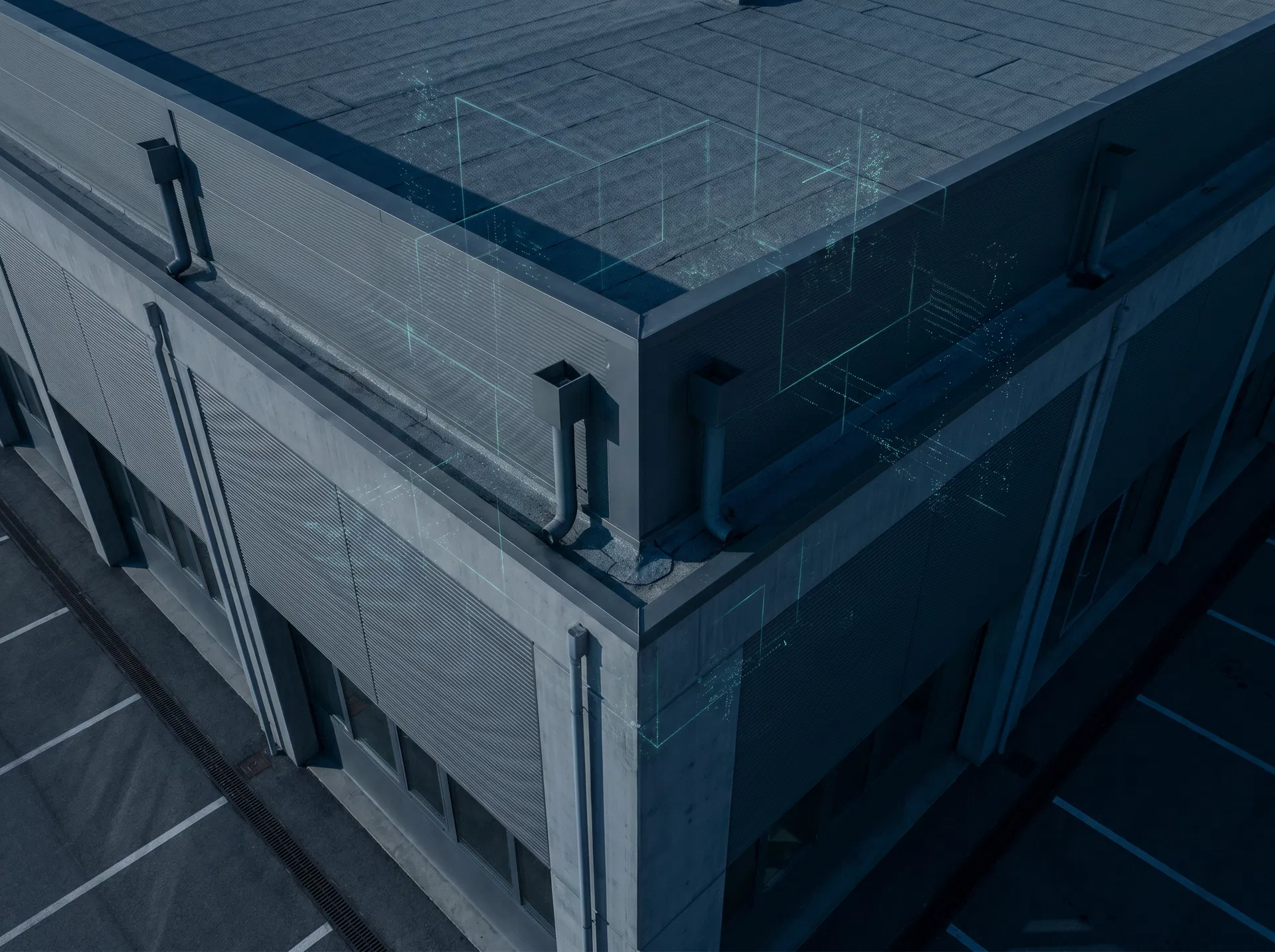 Commercial building detail with analytical overlays