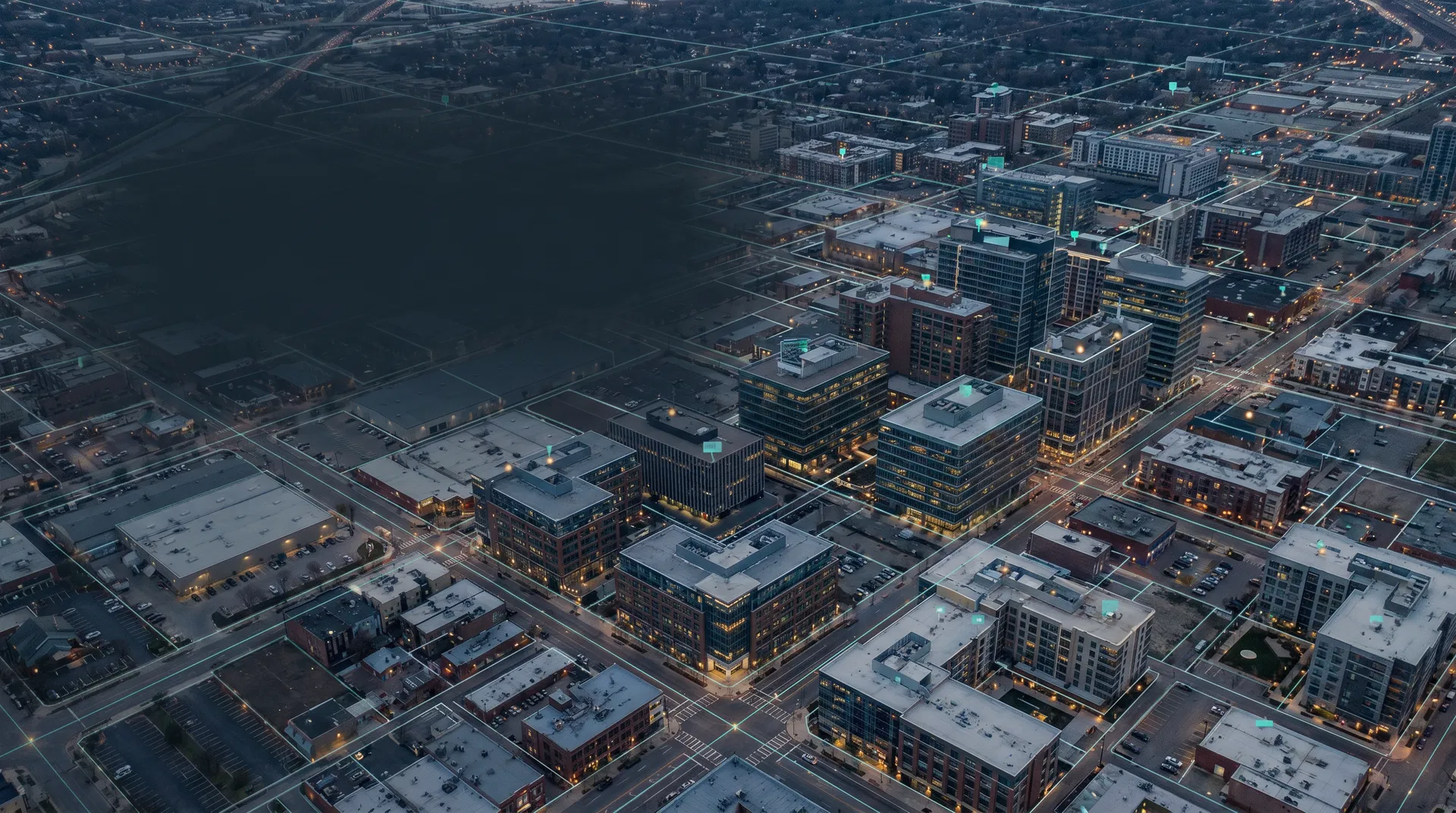 Aerial commercial district visualized as geospatial intelligence