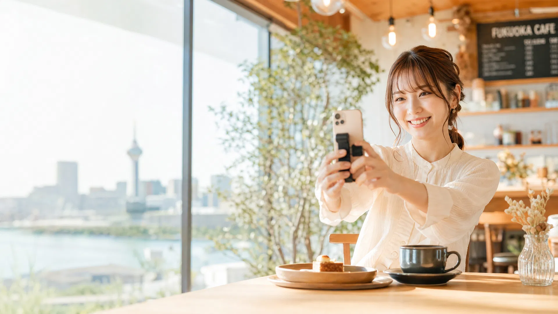 九州のインフルエンサーがカフェでスマートフォンを使ってSNS撮影している様子
