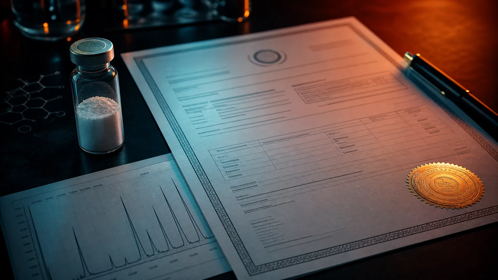A certificate of analysis document beside a peptide vial and an HPLC chromatogram on a dark desk