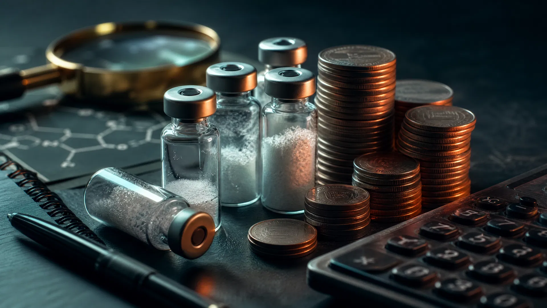 Peptide vials beside stacked coins and a calculator representing research cost