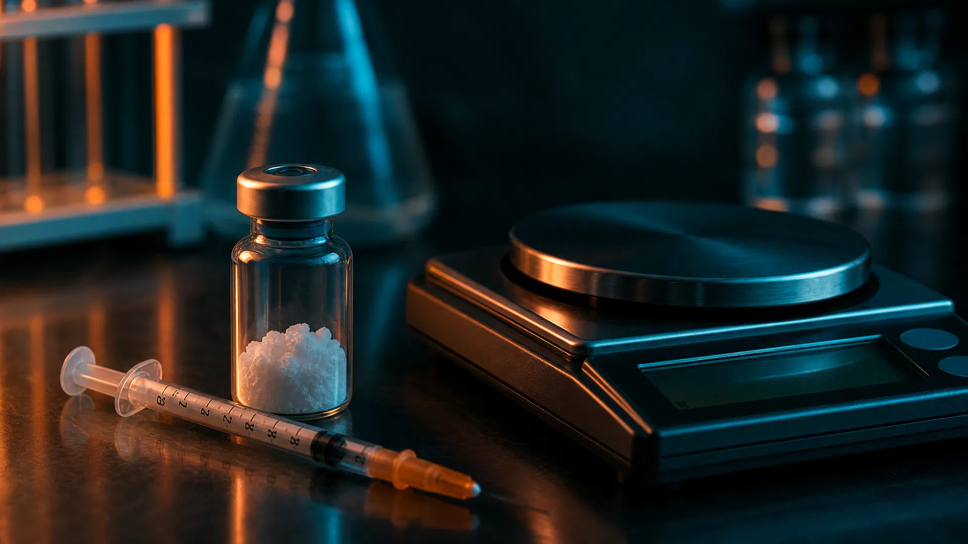Research peptide vial, syringe and a precision scale on a dark lab bench