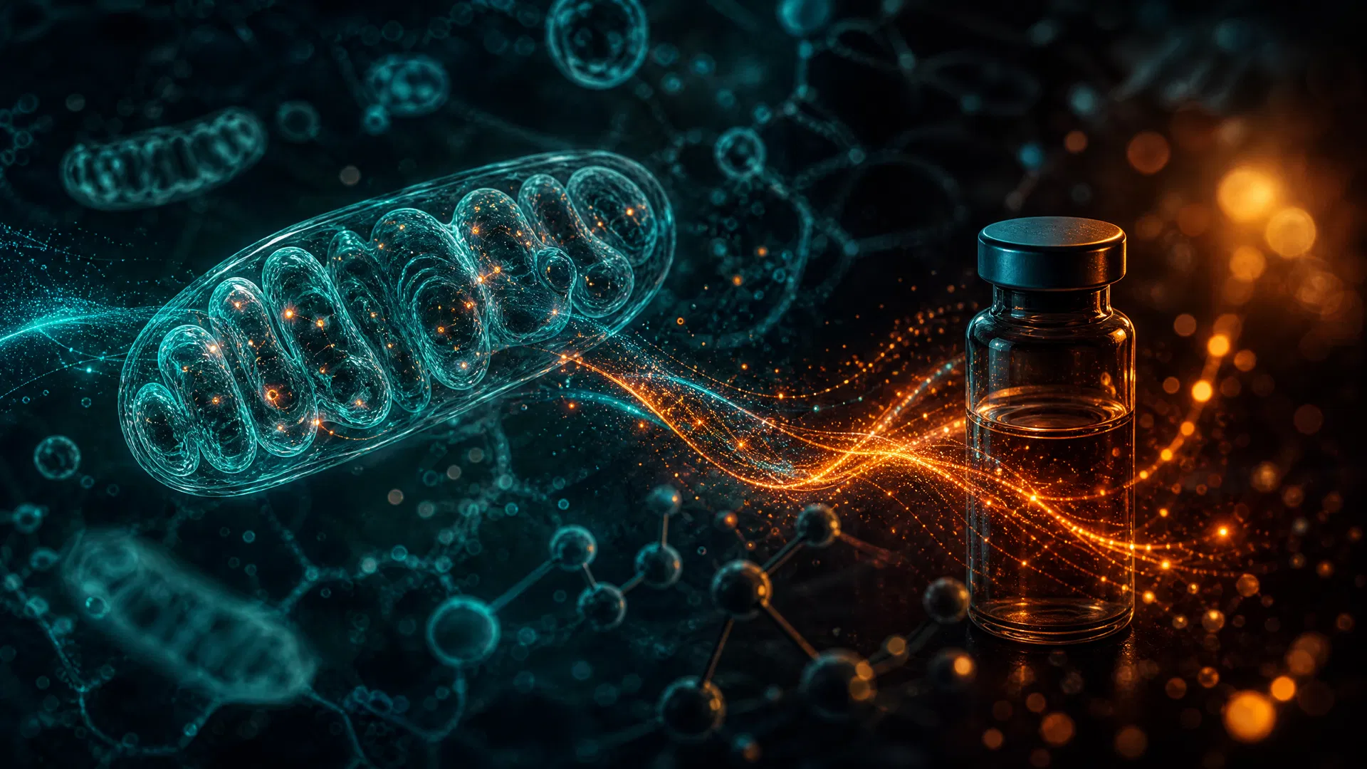 Abstract visualization of mitochondria and cellular energy with a peptide vial