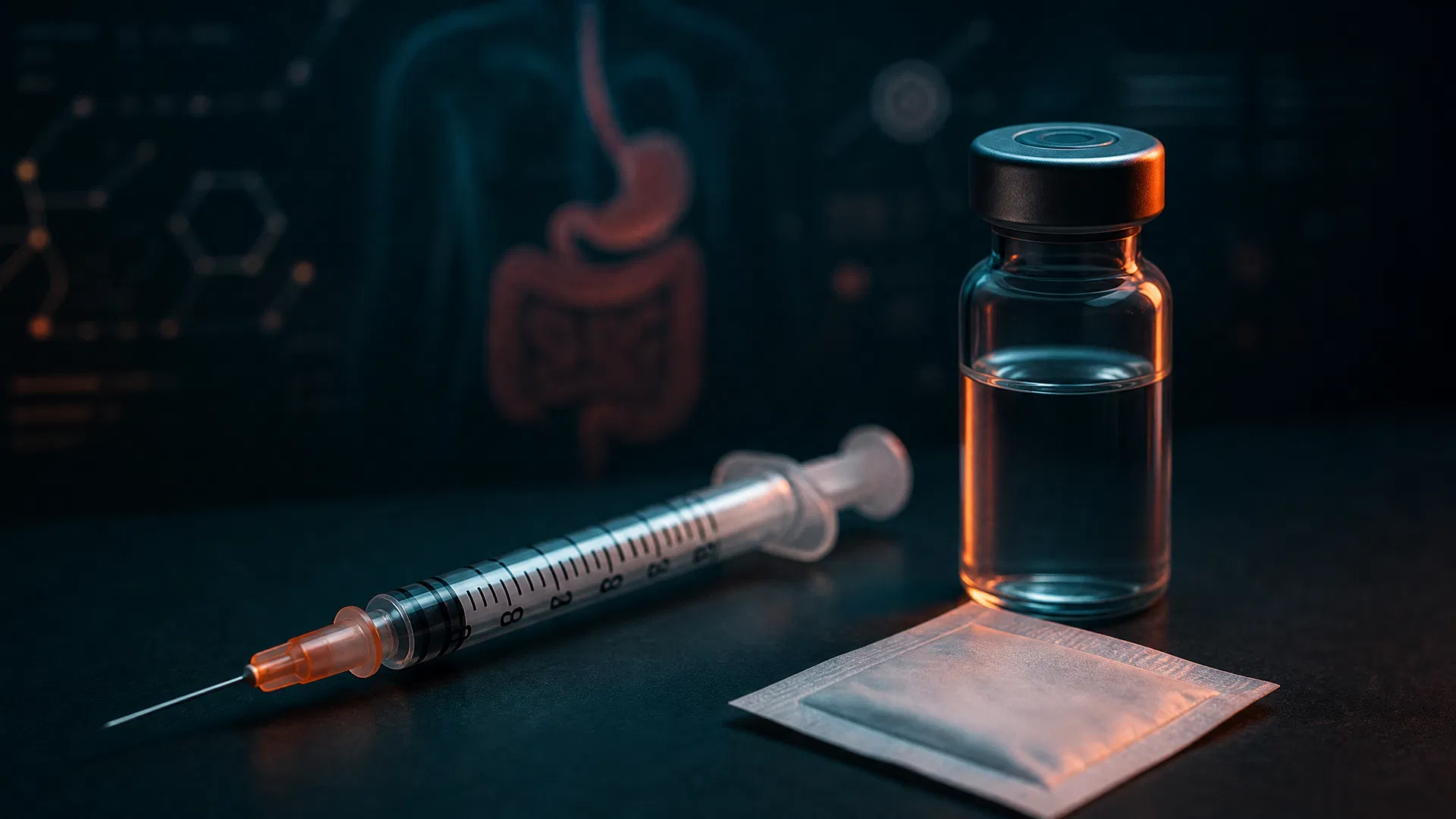 Insulin syringe, alcohol swab and a vial on a dark surface with an anatomical diagram behind