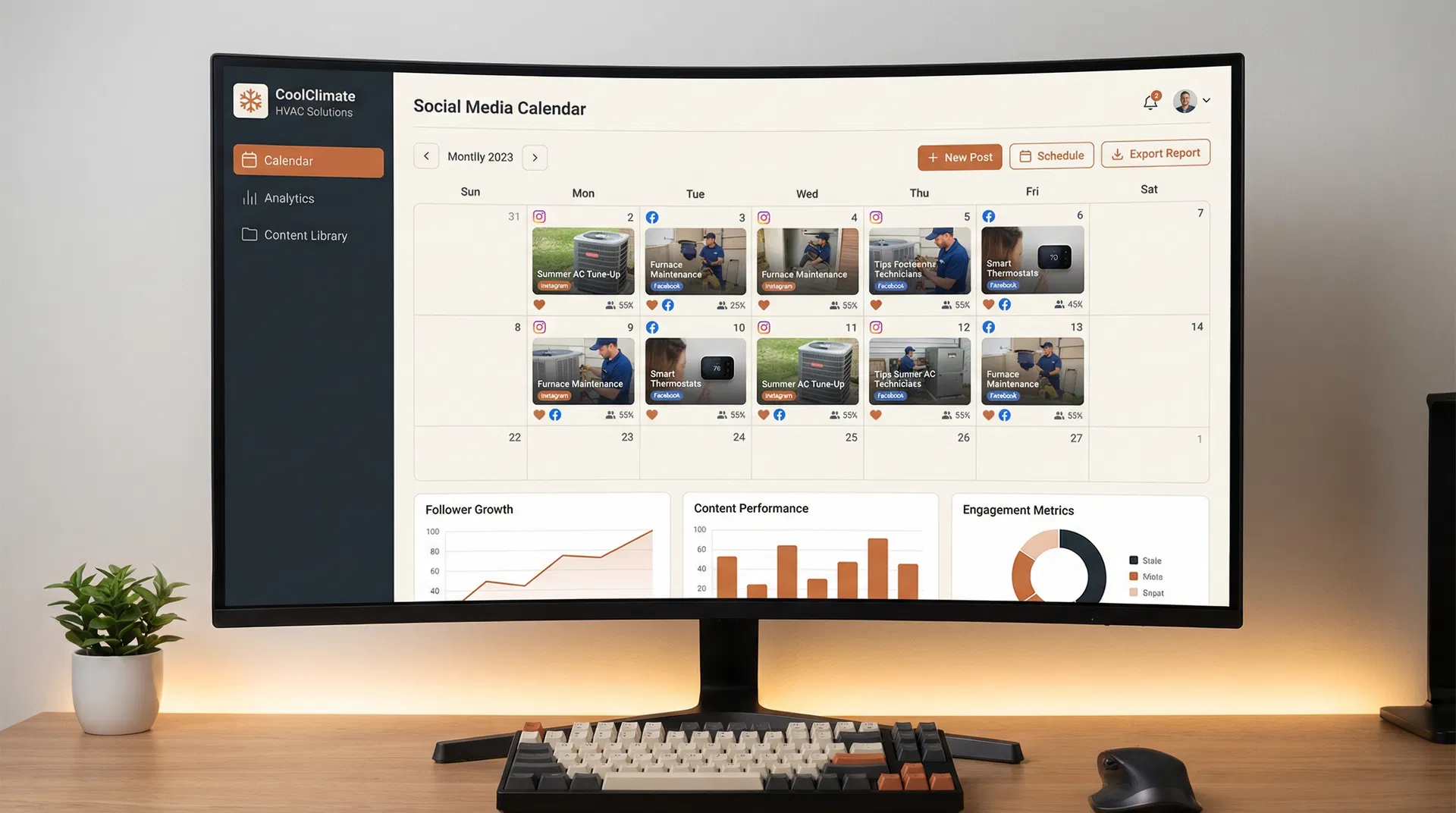 Humm dashboard showing social media content calendar for local businesses