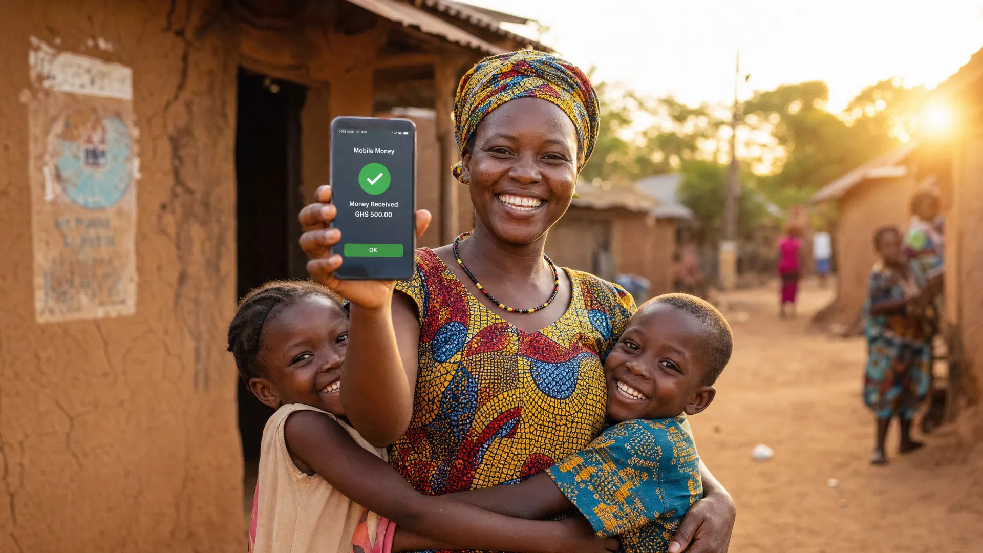 African mother with children celebrating mobile money receipt