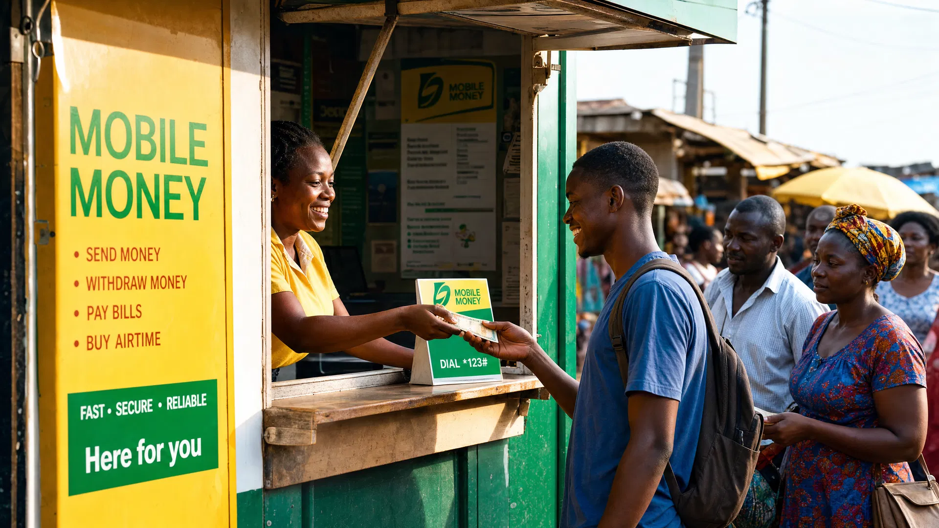 Mobile money agent handing cash to customer in African market