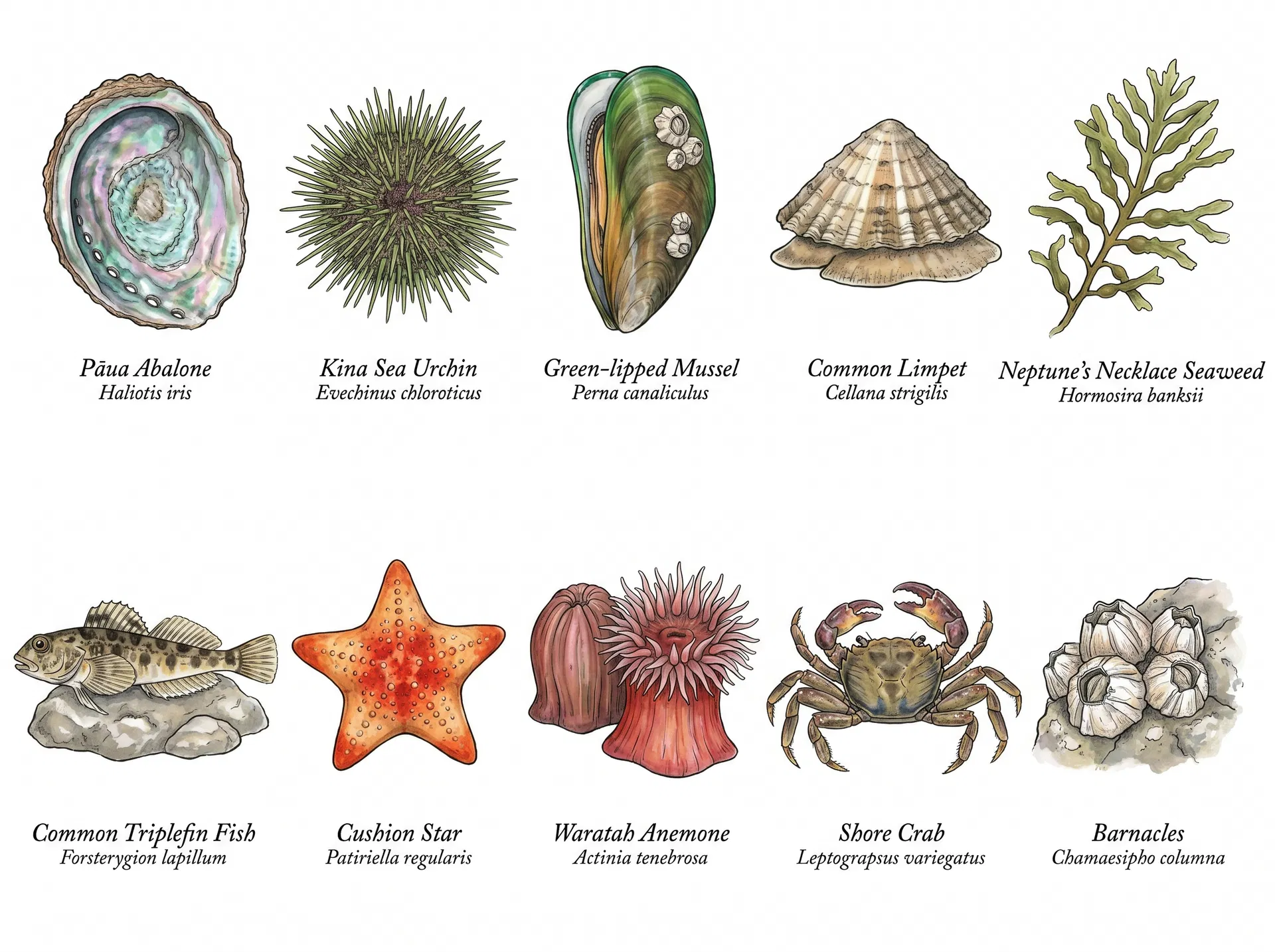 Kāwaroa Reef species illustration