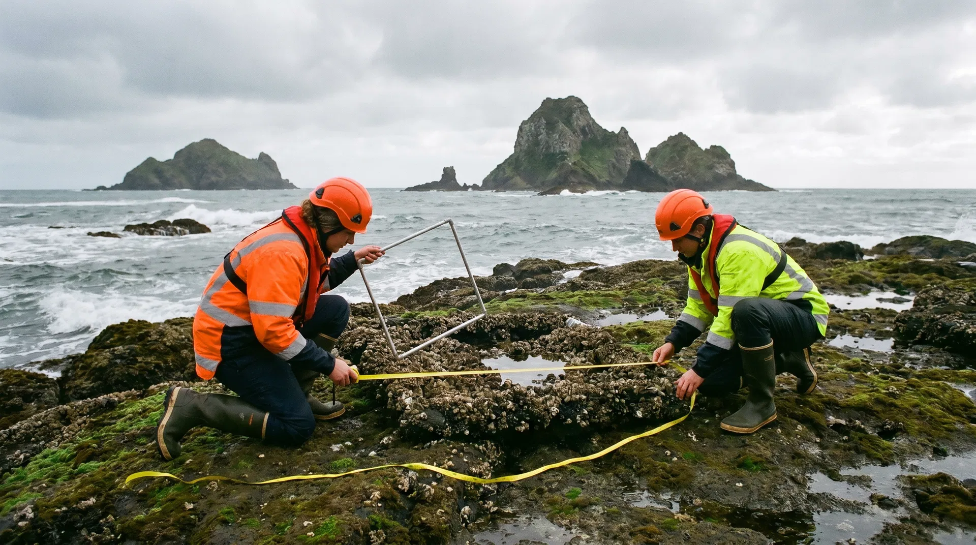 Researchers conducting a transect survey at Kāwaroa Reef