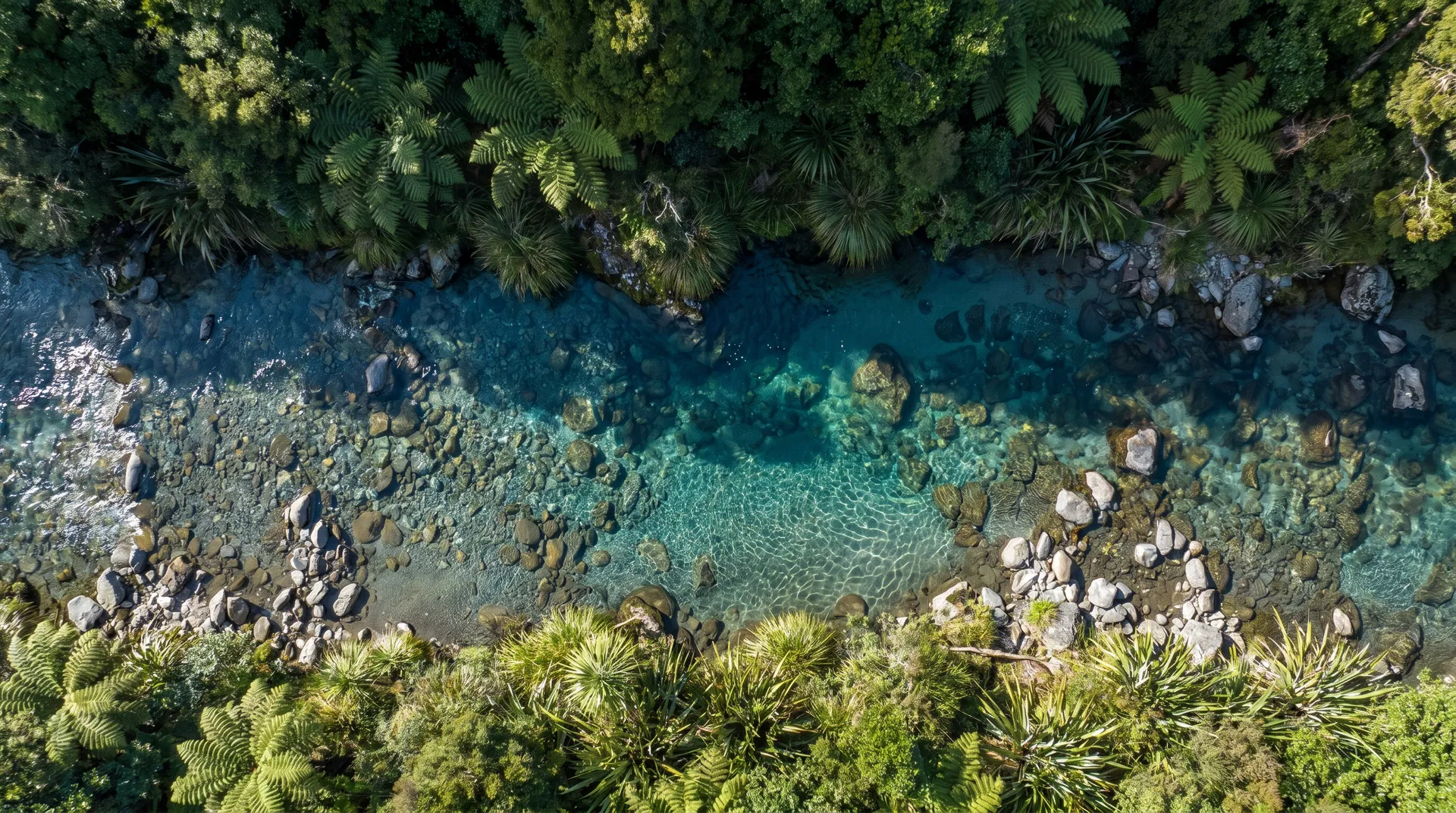 Aerial view of a clear New Zealand stream
