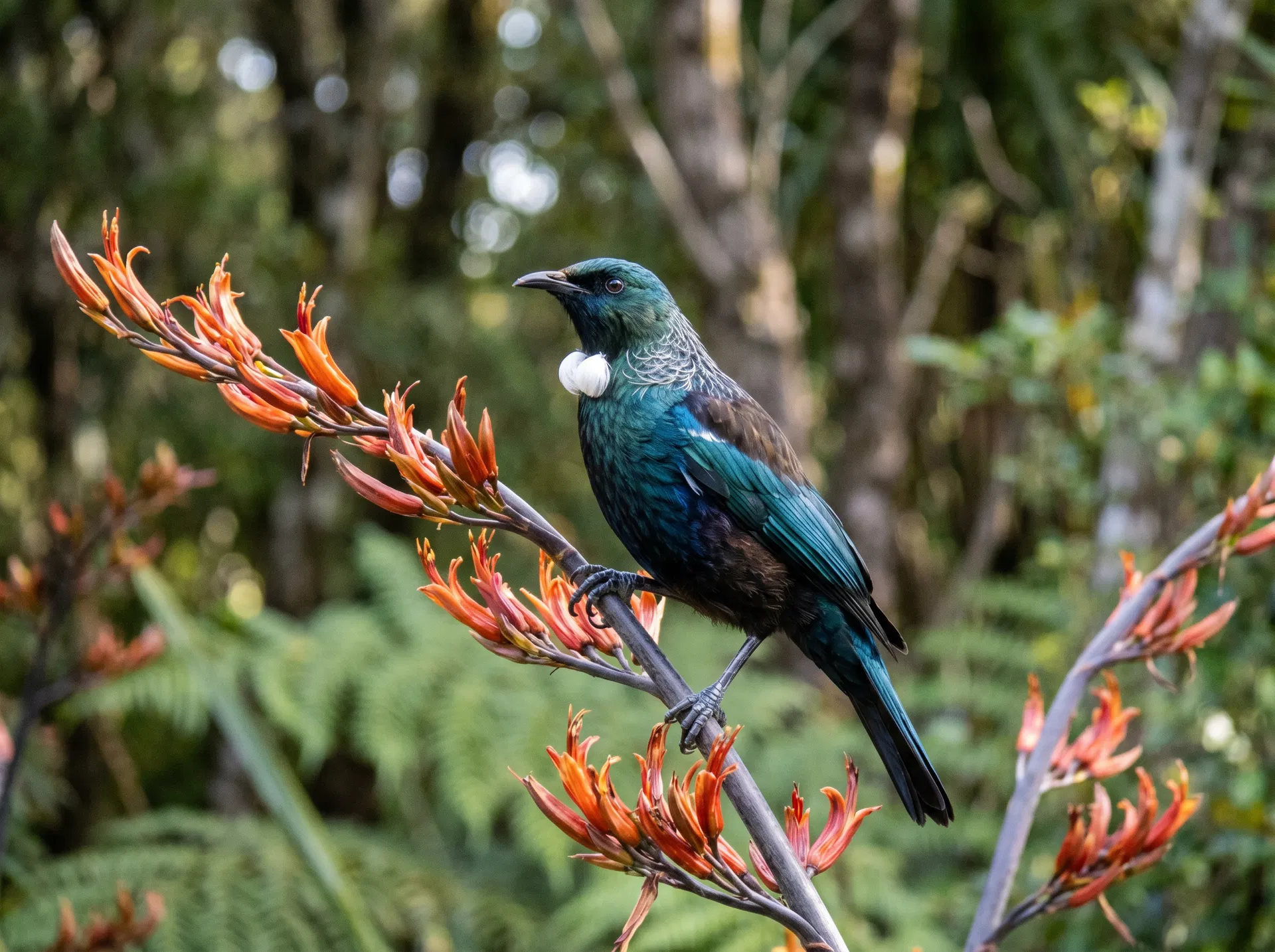 Tūī on harakeke