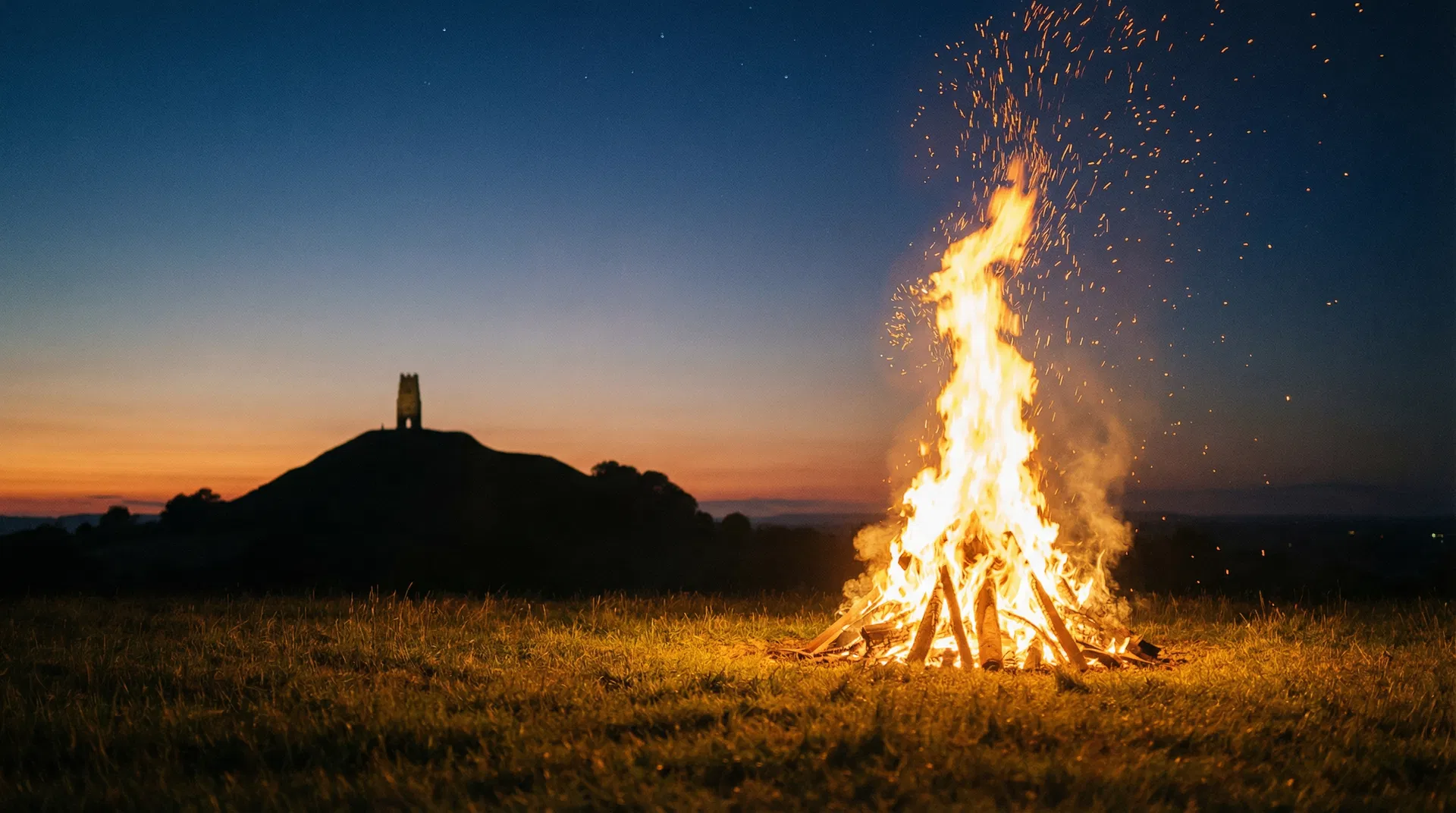 Sacred bonfire at dusk with Glastonbury Tor