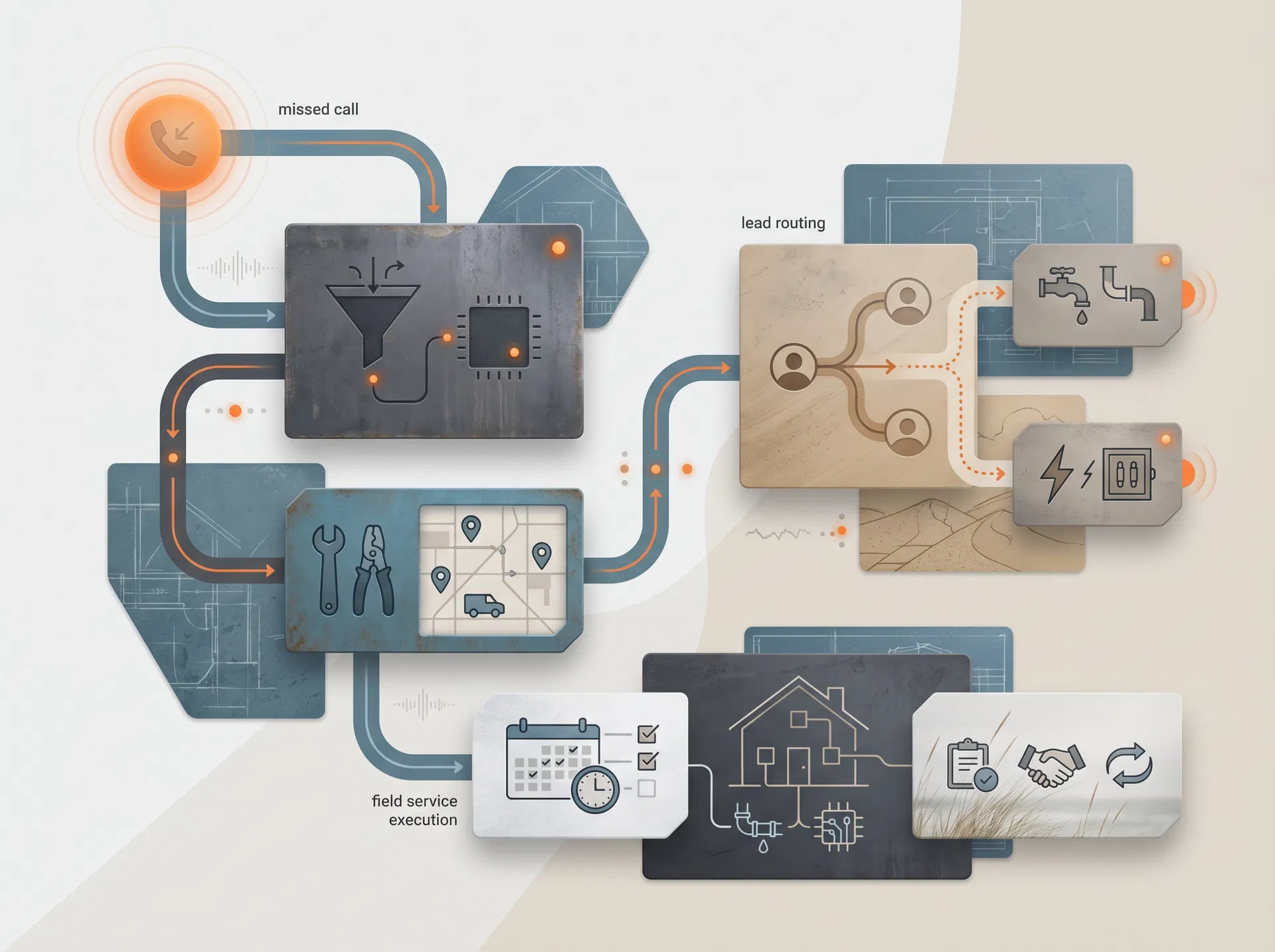 Illustration of missed call lead flow and cleaner follow-up