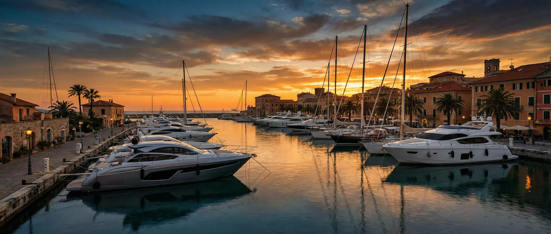 Mediterranean marina at sunset