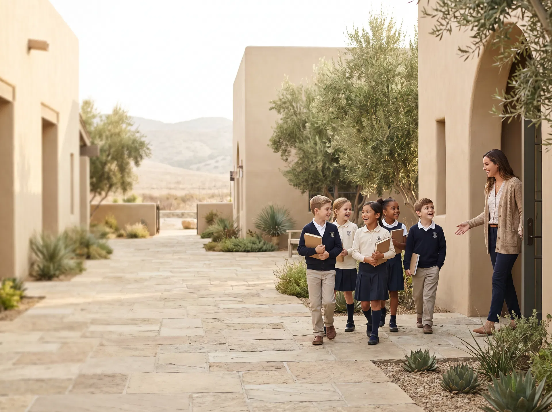 Niños llegando a una escuela privada cálida y elegante en Pachacámac
