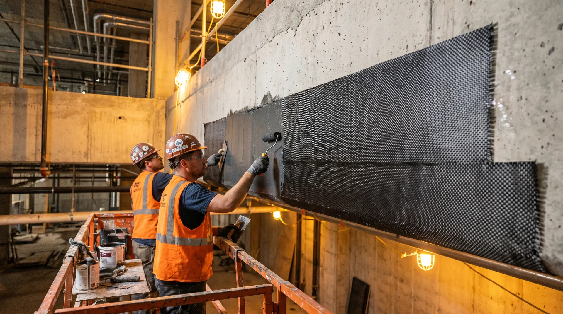 Construction workers applying CFRP carbon fiber strips to the underside of a concrete beam for structural strengthening