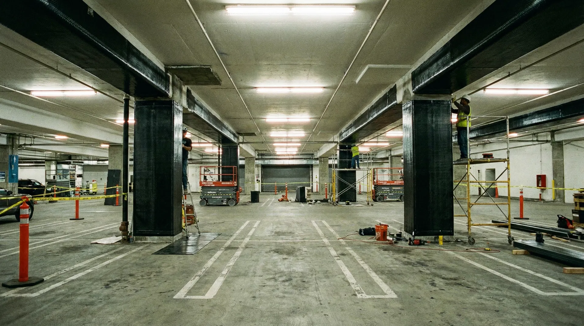 Parking garage interior with CFRP carbon fiber wrapping being installed on concrete columns and beams