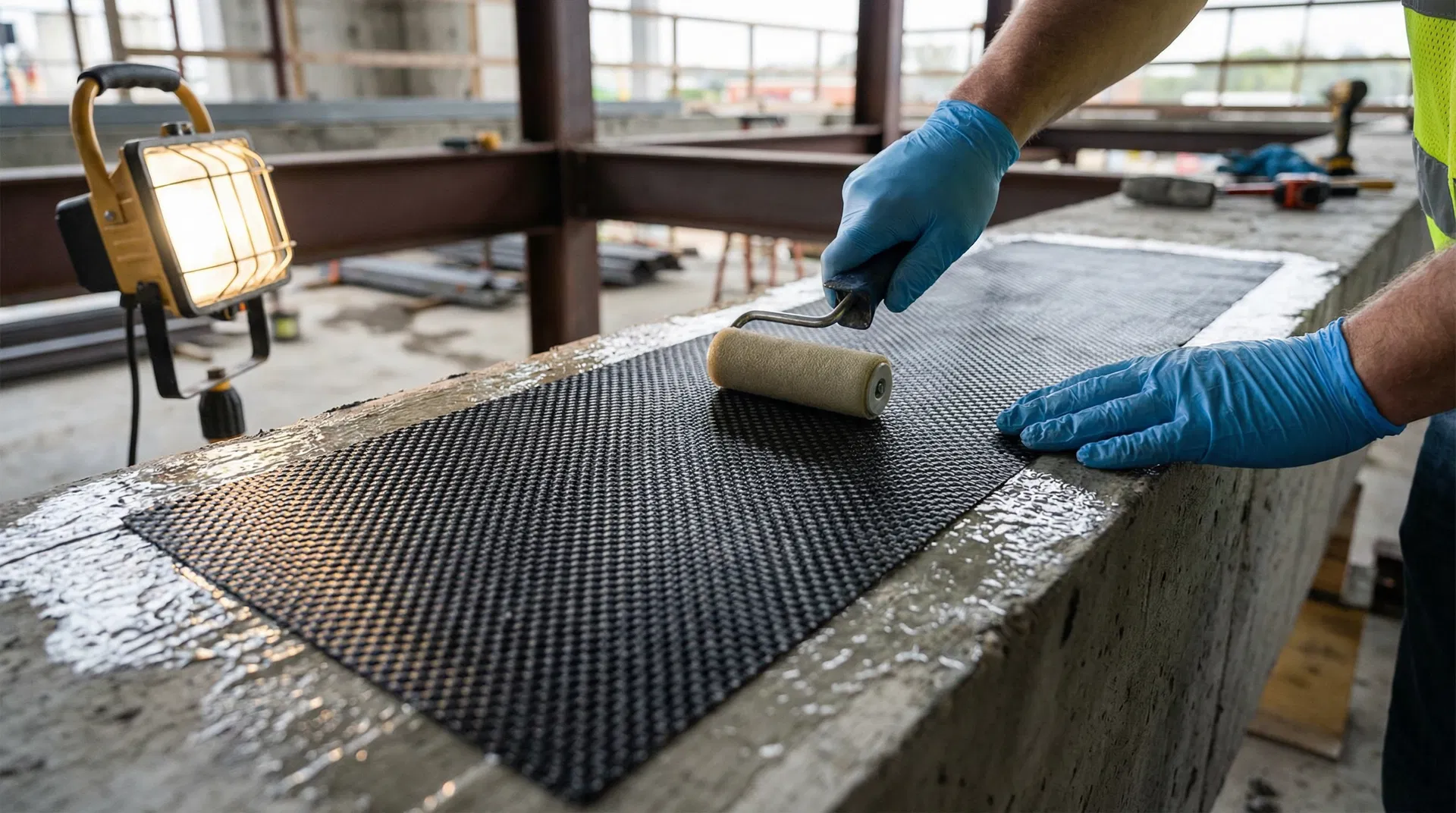 Carbon fiber reinforced polymer sheet being applied to a concrete beam with epoxy resin