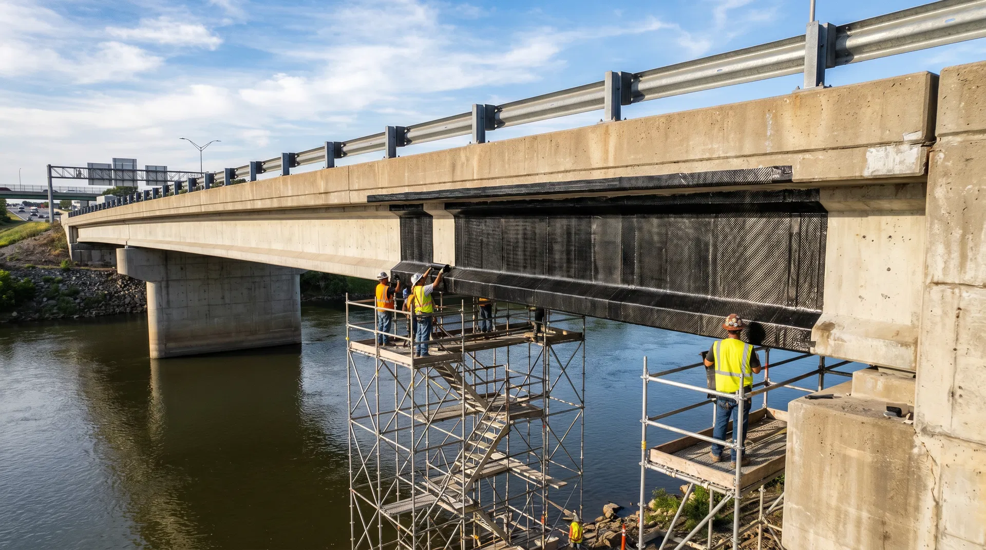 Workers on scaffolding applying CFRP carbon fiber strengthening to the underside of a concrete highway bridge over a river
