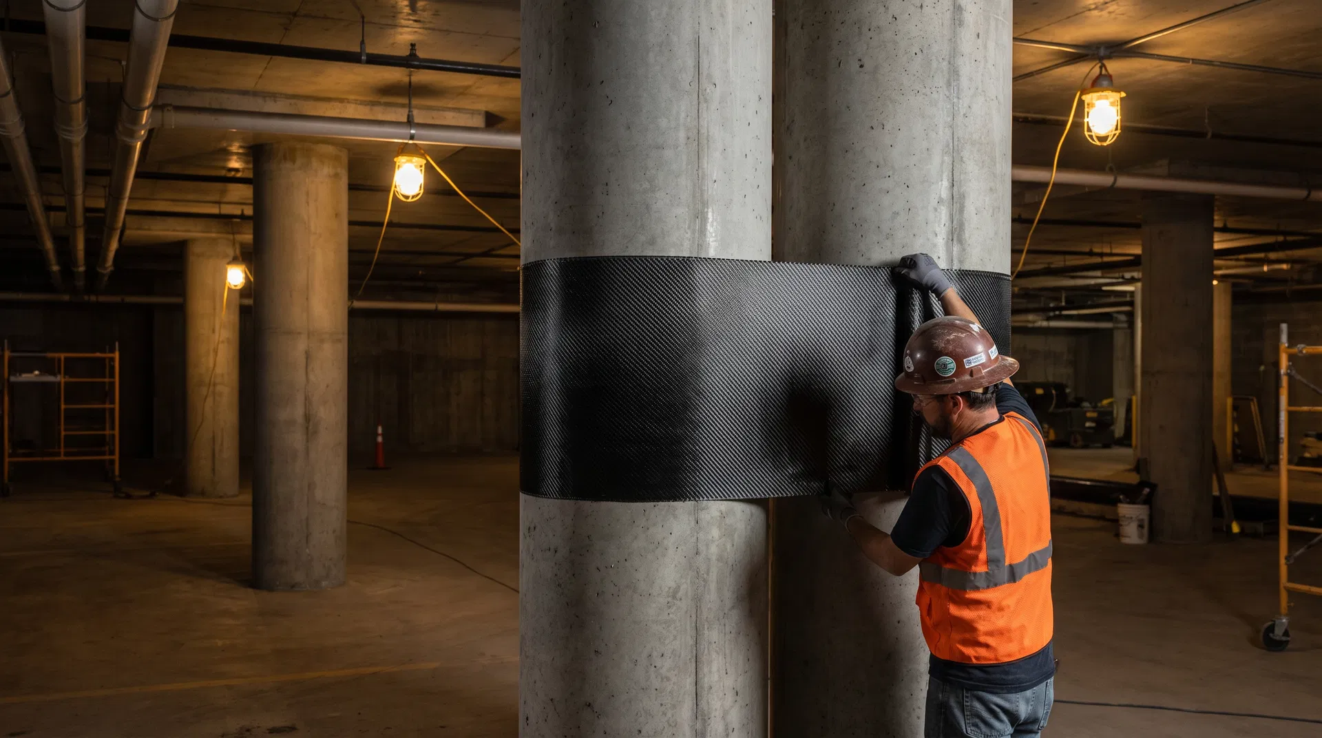 Construction worker wrapping CFRP carbon fiber fabric around a concrete column for structural confinement strengthening