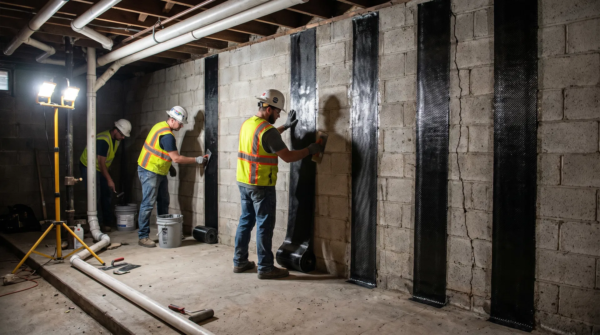 Workers installing CFRP carbon fiber strips on a concrete basement foundation wall to repair cracks and strengthen the structure