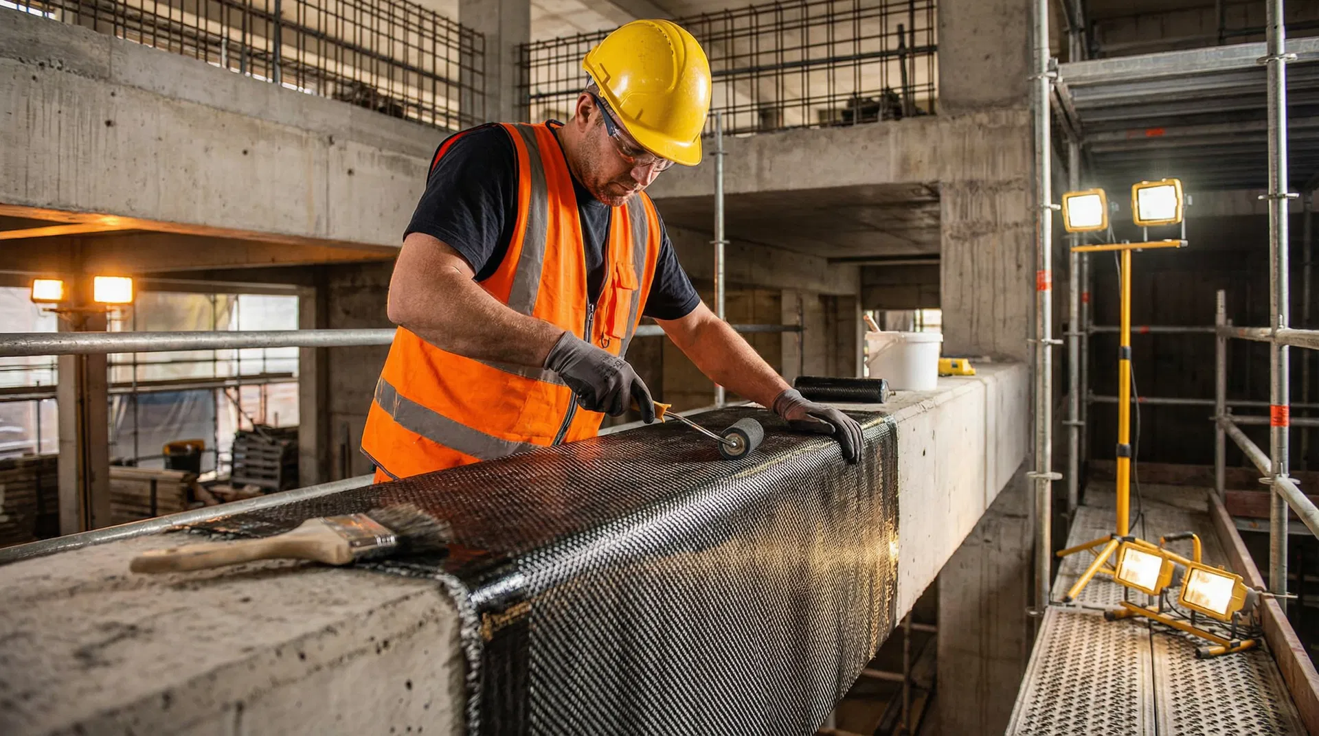 CFRP carbon fiber being applied to a concrete beam by a construction professional