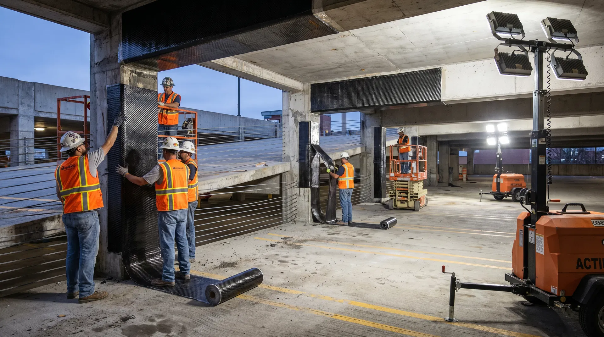CFRP carbon fiber repair crew working on columns and beams inside a multi-level concrete parking garage structure