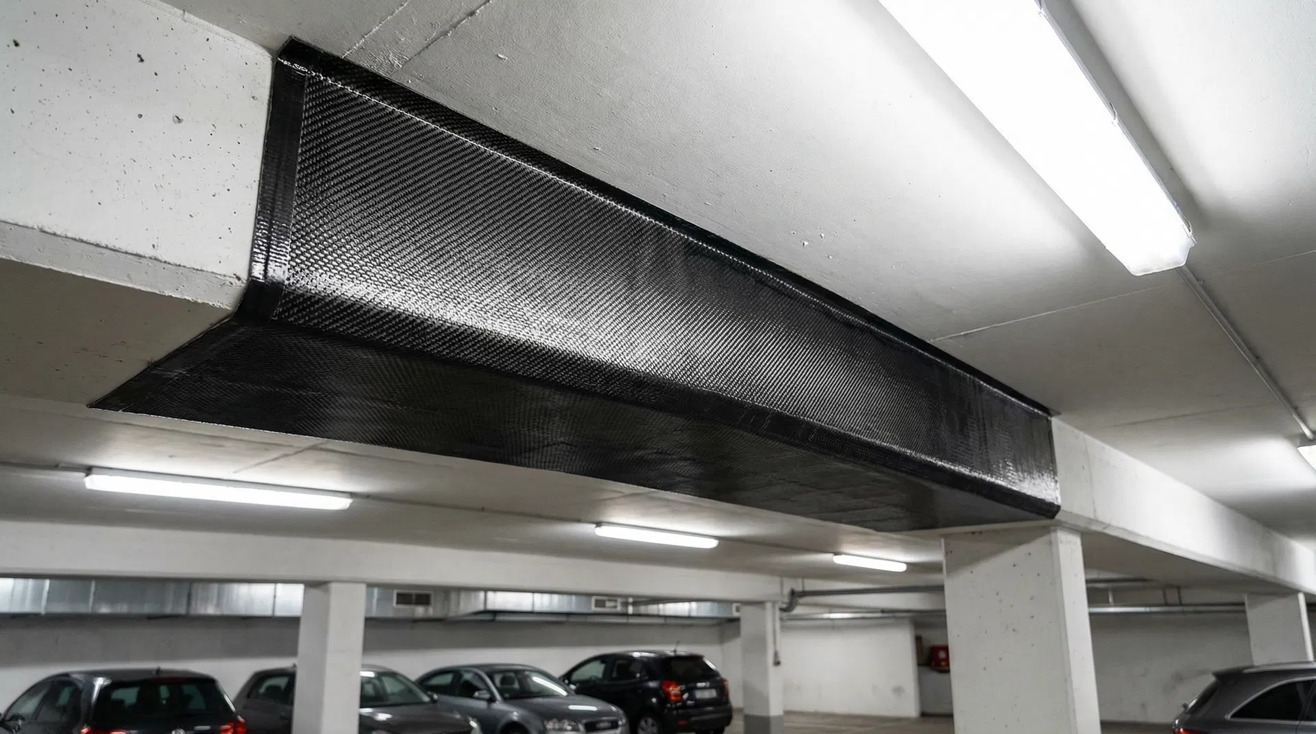Completed CFRP carbon fiber strengthening on a concrete beam in a parking garage