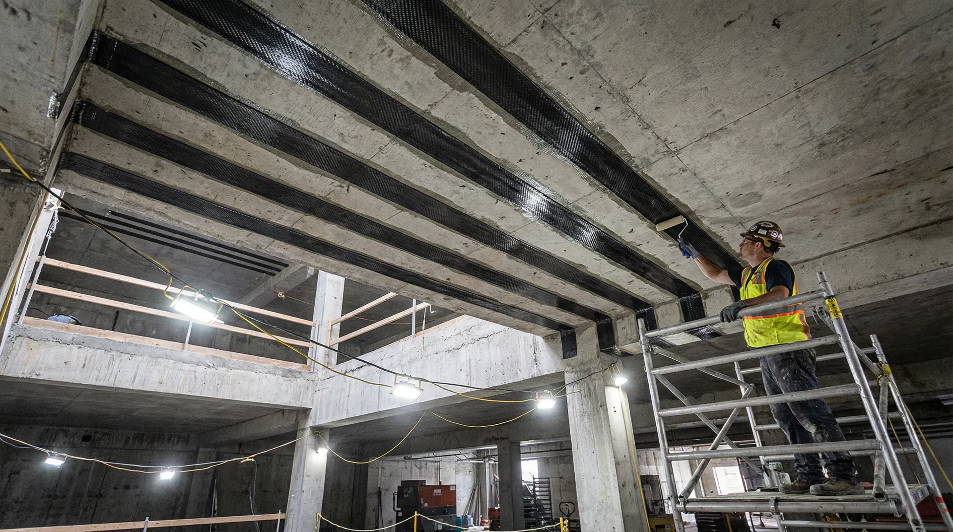 CFRP strips being applied to concrete floor slab for load capacity upgrade