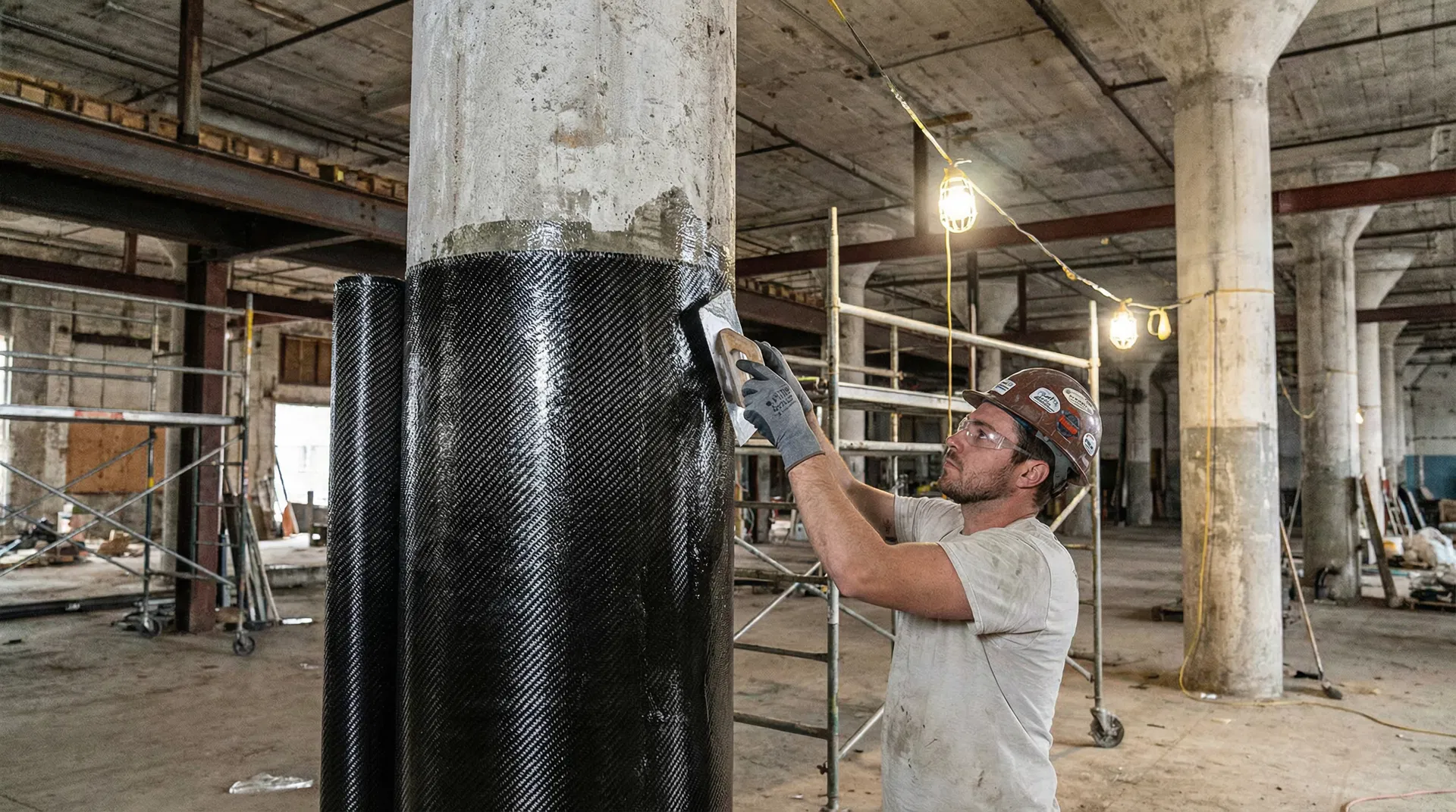 CFRP carbon fiber wrapping being applied around a concrete column for seismic retrofit