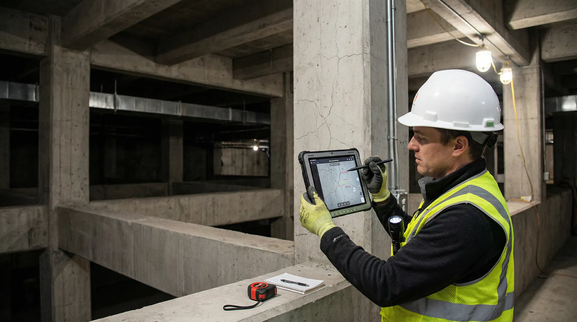 Structural engineer inspecting concrete with digital tablet