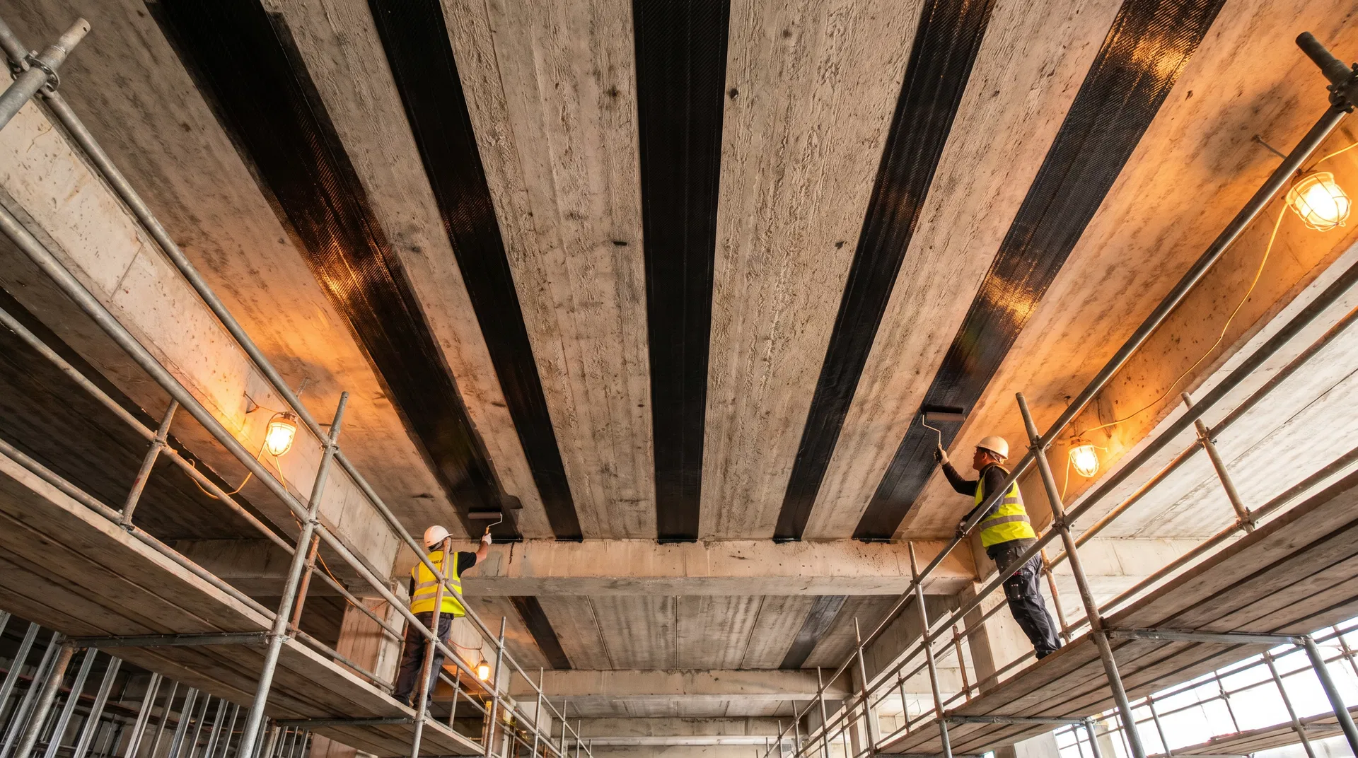Workers on scaffolding installing CFRP carbon fiber strips to the underside of a concrete floor slab for structural strengthening