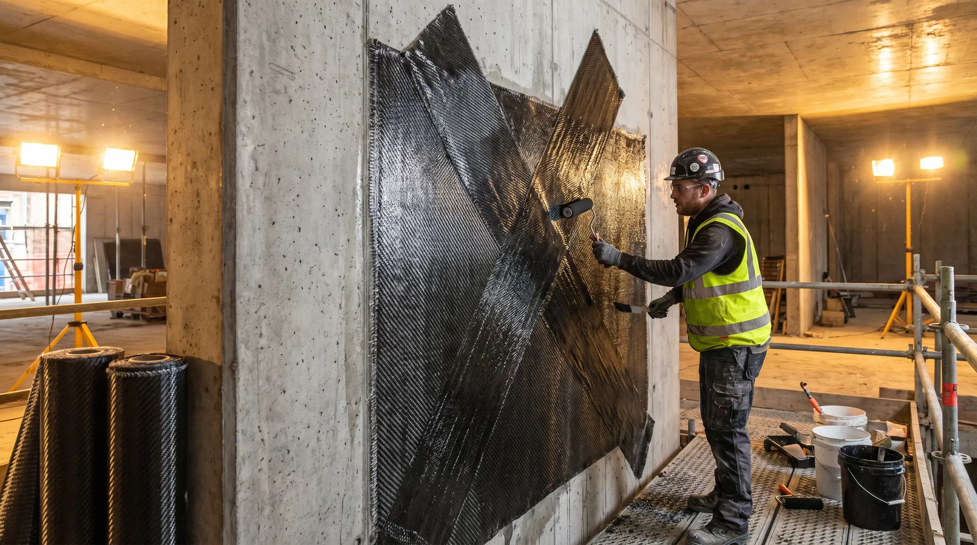 Construction worker applying CFRP carbon fiber fabric to a concrete shear wall for structural strengthening
