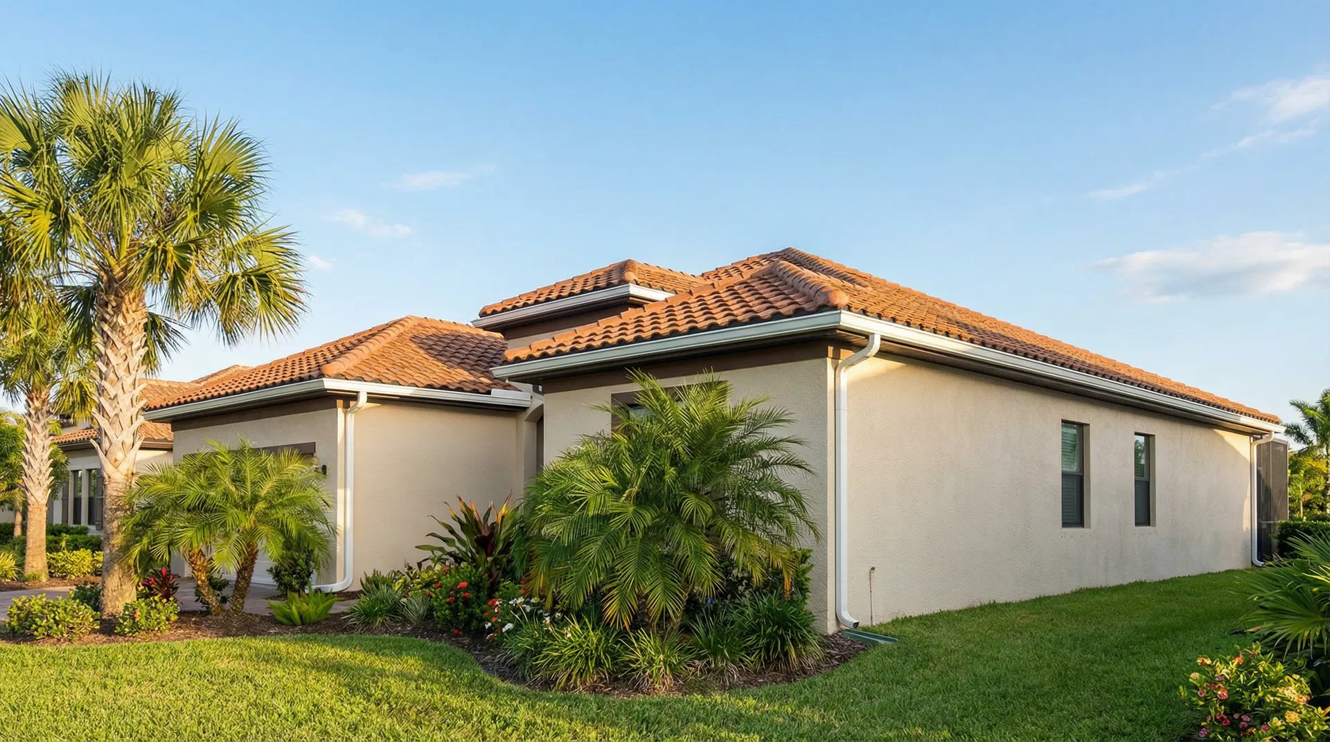 Central Florida home with White 80° seamless gutters installed by PrimeFlow Gutters