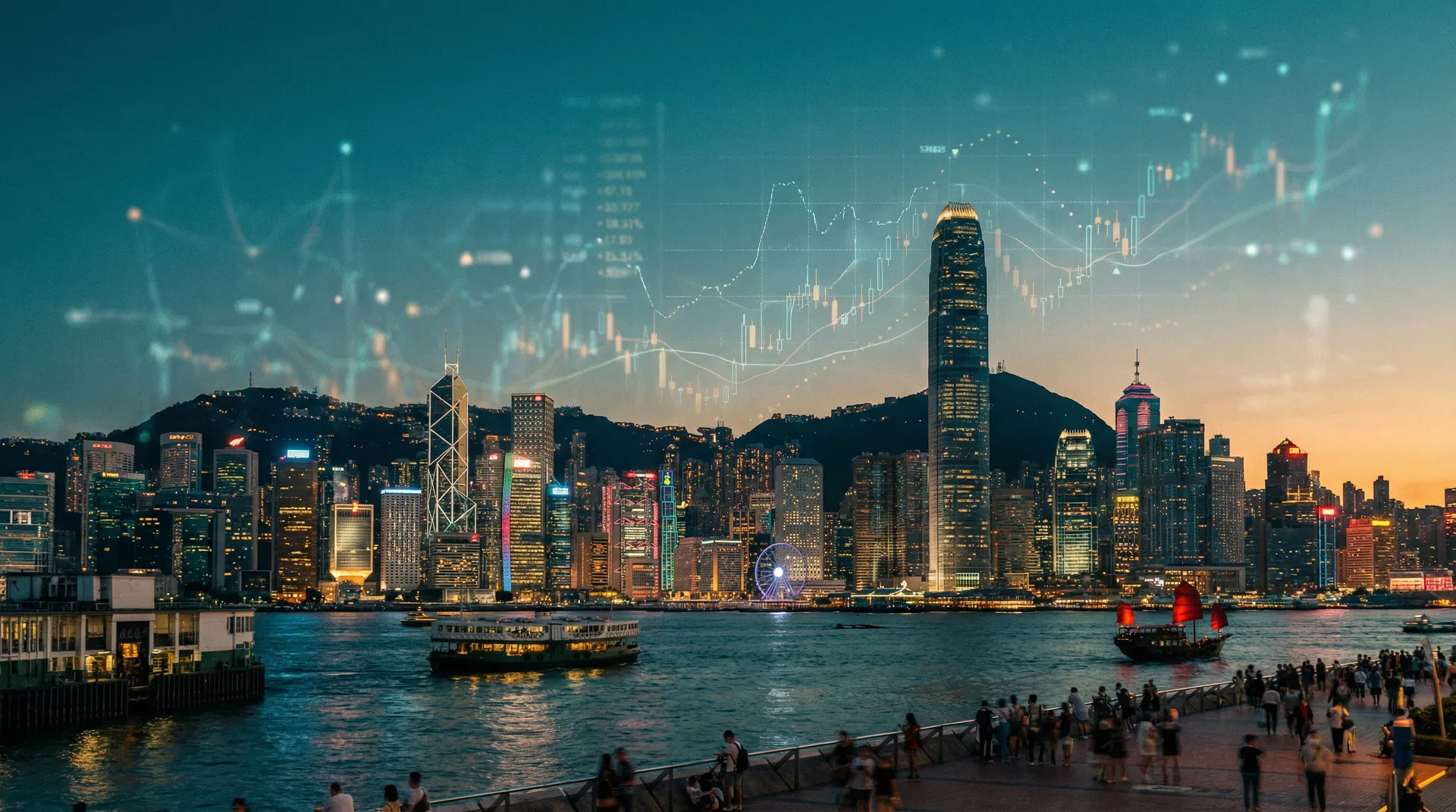 Hong Kong skyline with financial data overlay