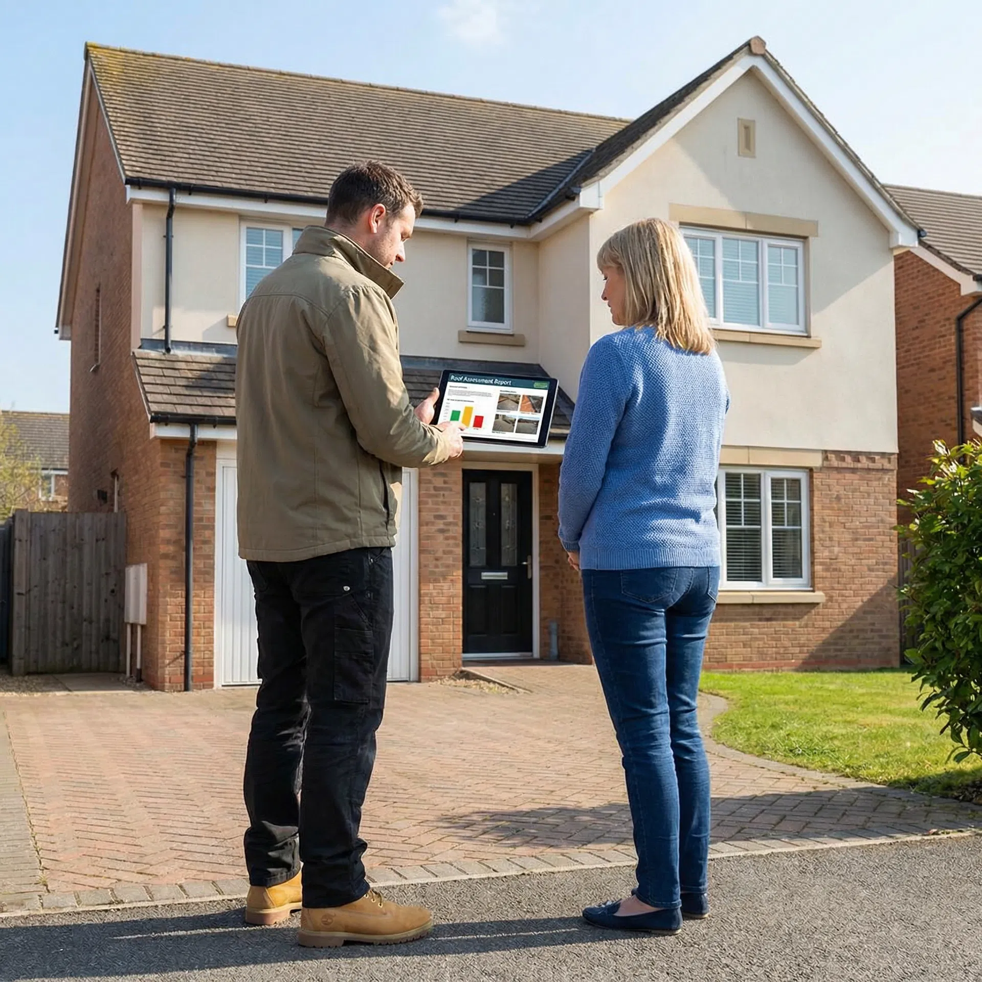 Step 2: Contractor reviewing roof assessment with homeowner