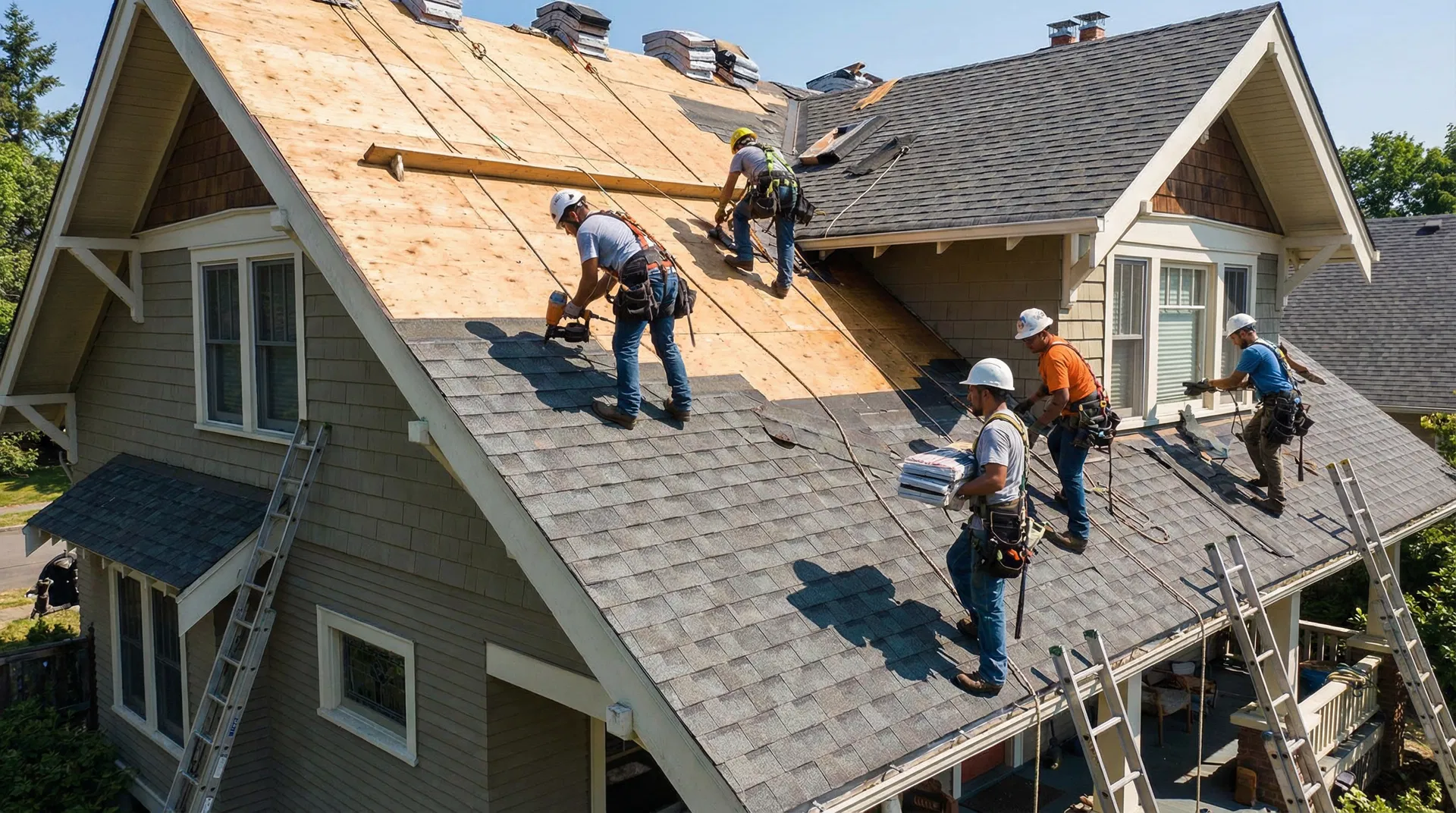 Step 3: Professional roofing crew installing new shingles