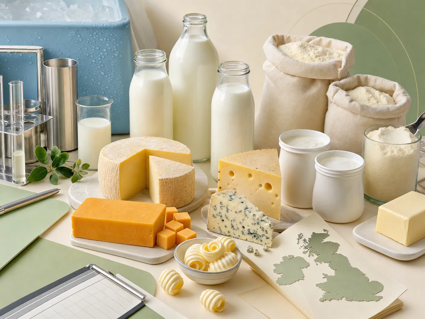Dairy Index category ledger illustration with cream, pasture green and technical supplier panels