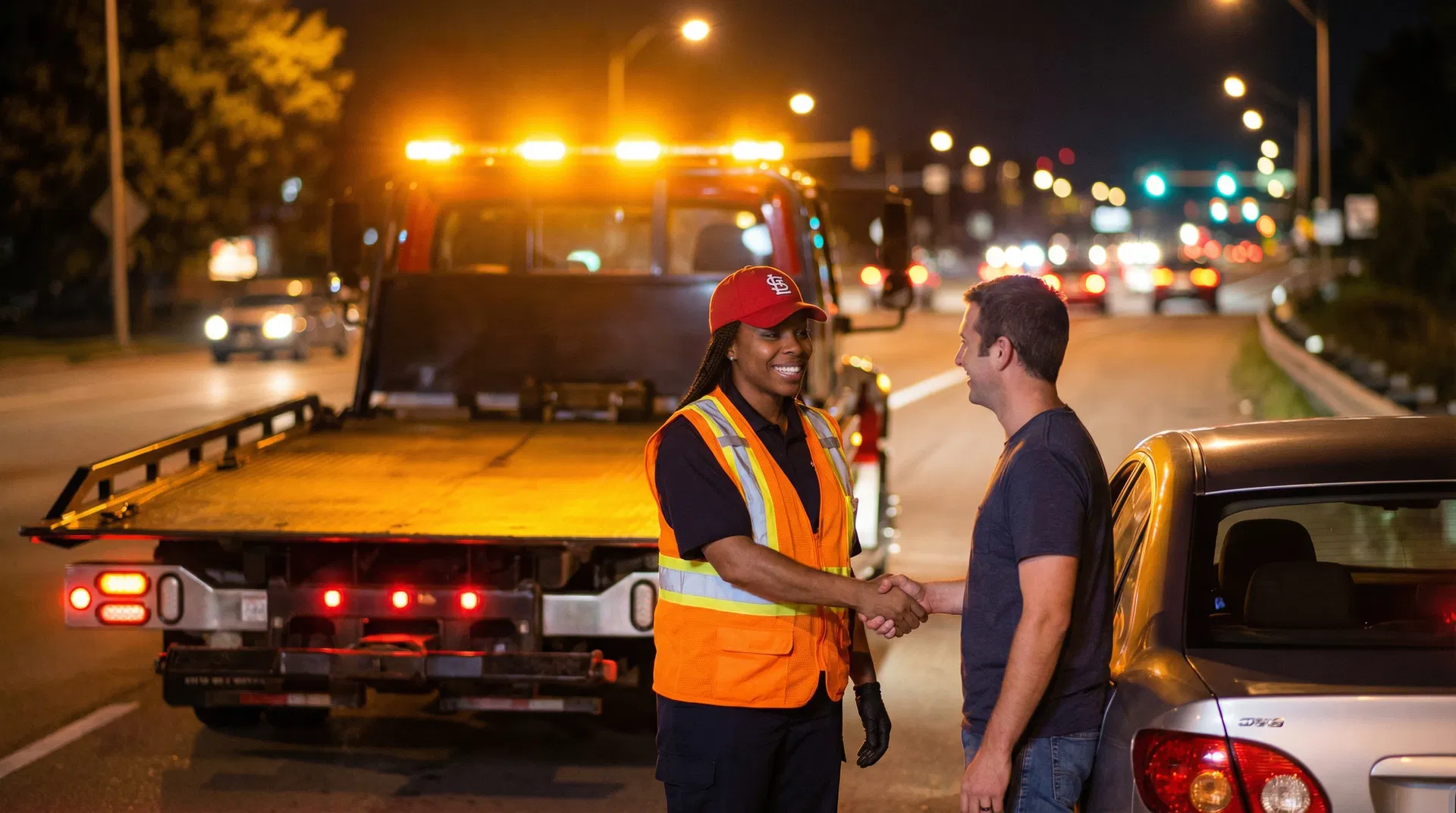 Missy's Towing driver helping a stranded motorist
