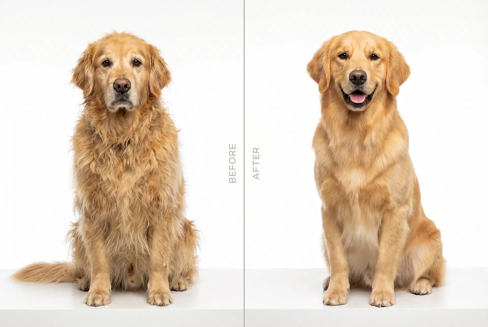 Before and after grooming — Golden Retriever