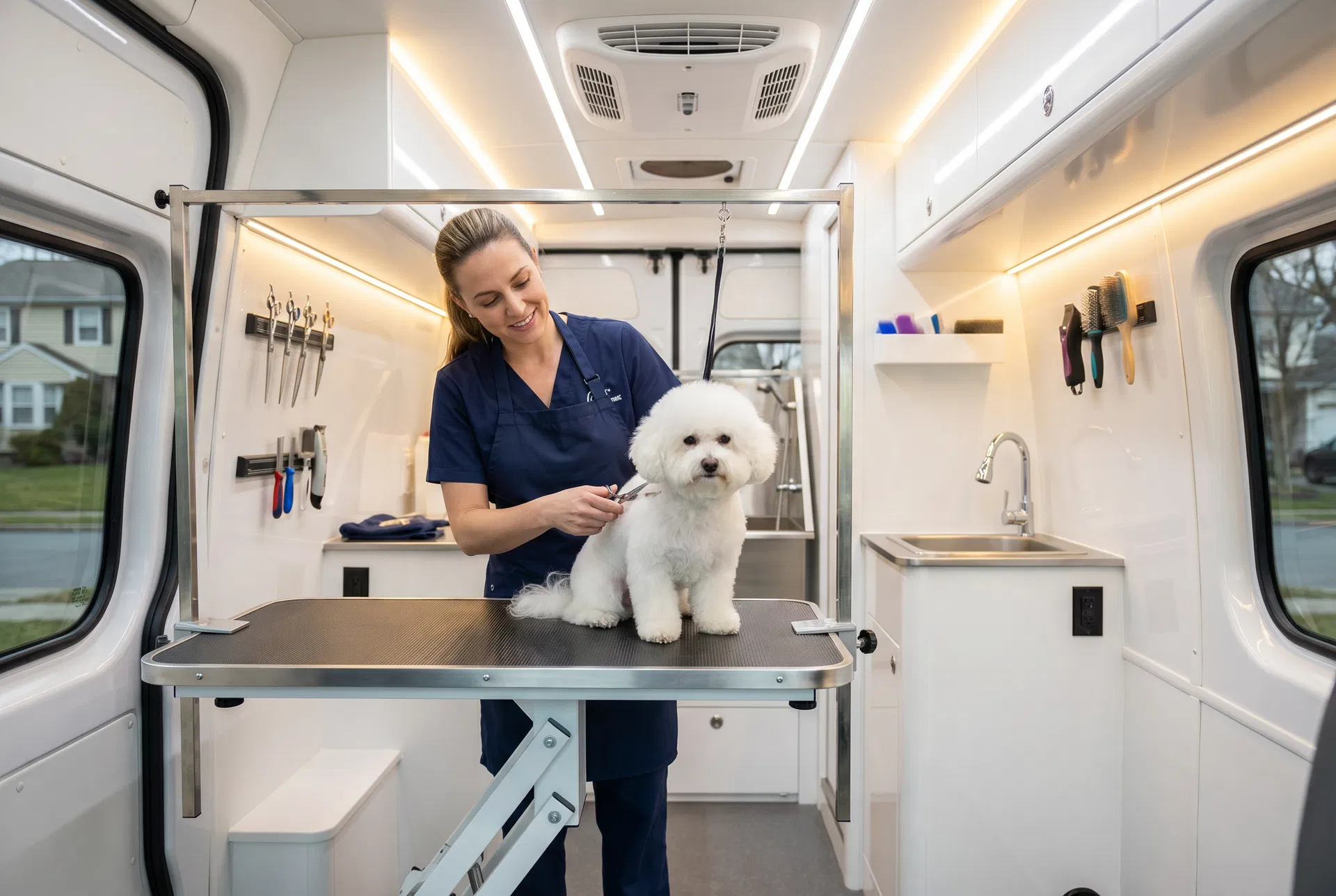 Professional groomer working inside the mobile grooming van