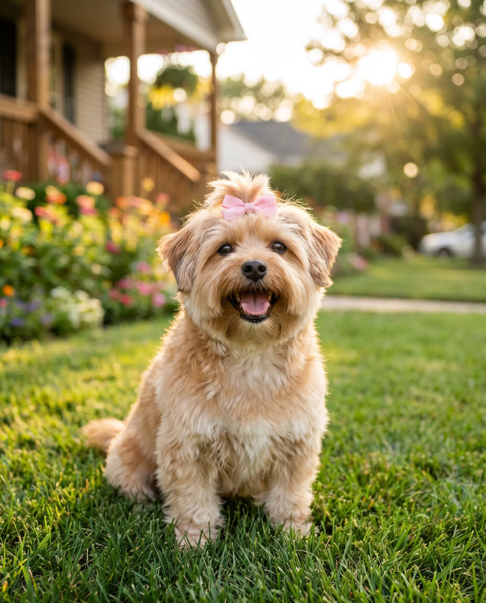 Happy freshly groomed dog in a sunny yard