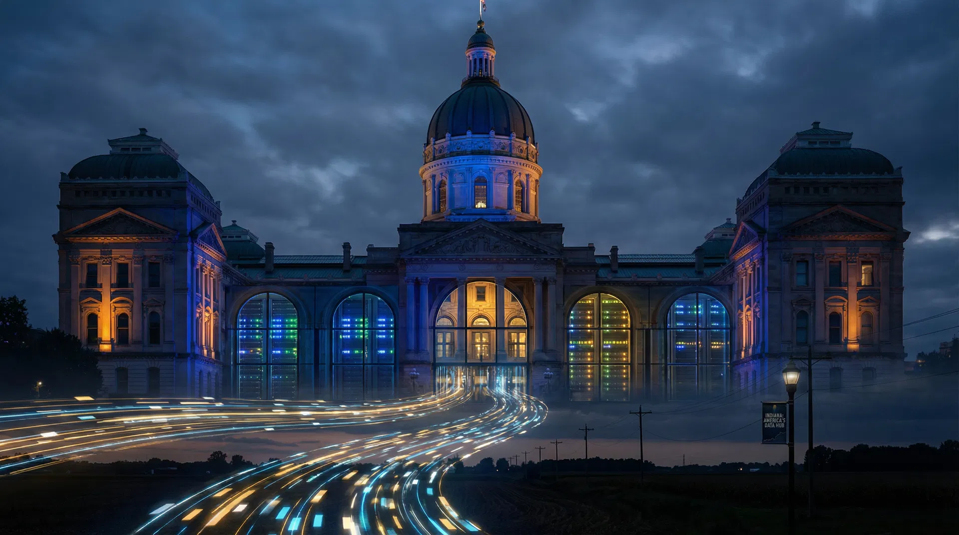 Indiana Capitol building with digital data streams