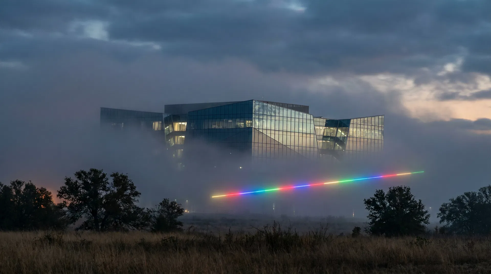 Data center partially hidden in fog, symbolizing Google's invisible footprint