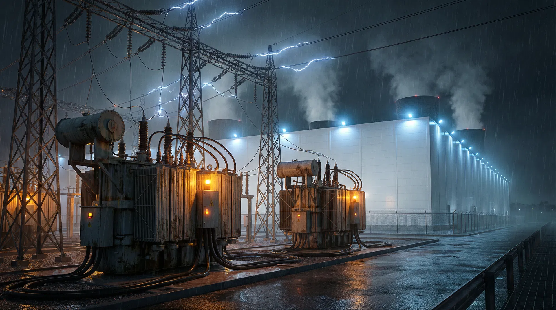 Massive data center power substation at night