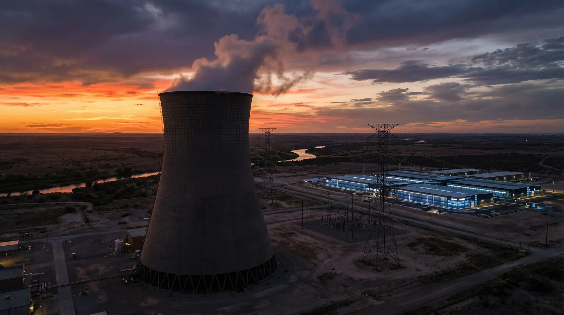 Nuclear cooling tower with data center campus in background