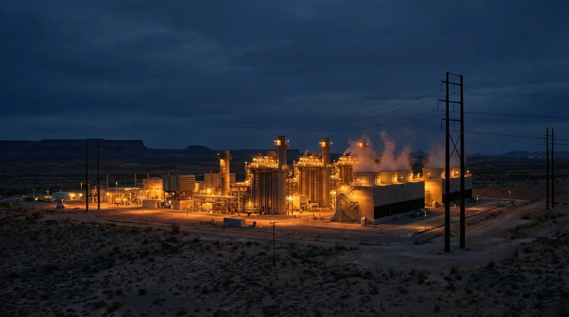 Gas power plant at night in the desert