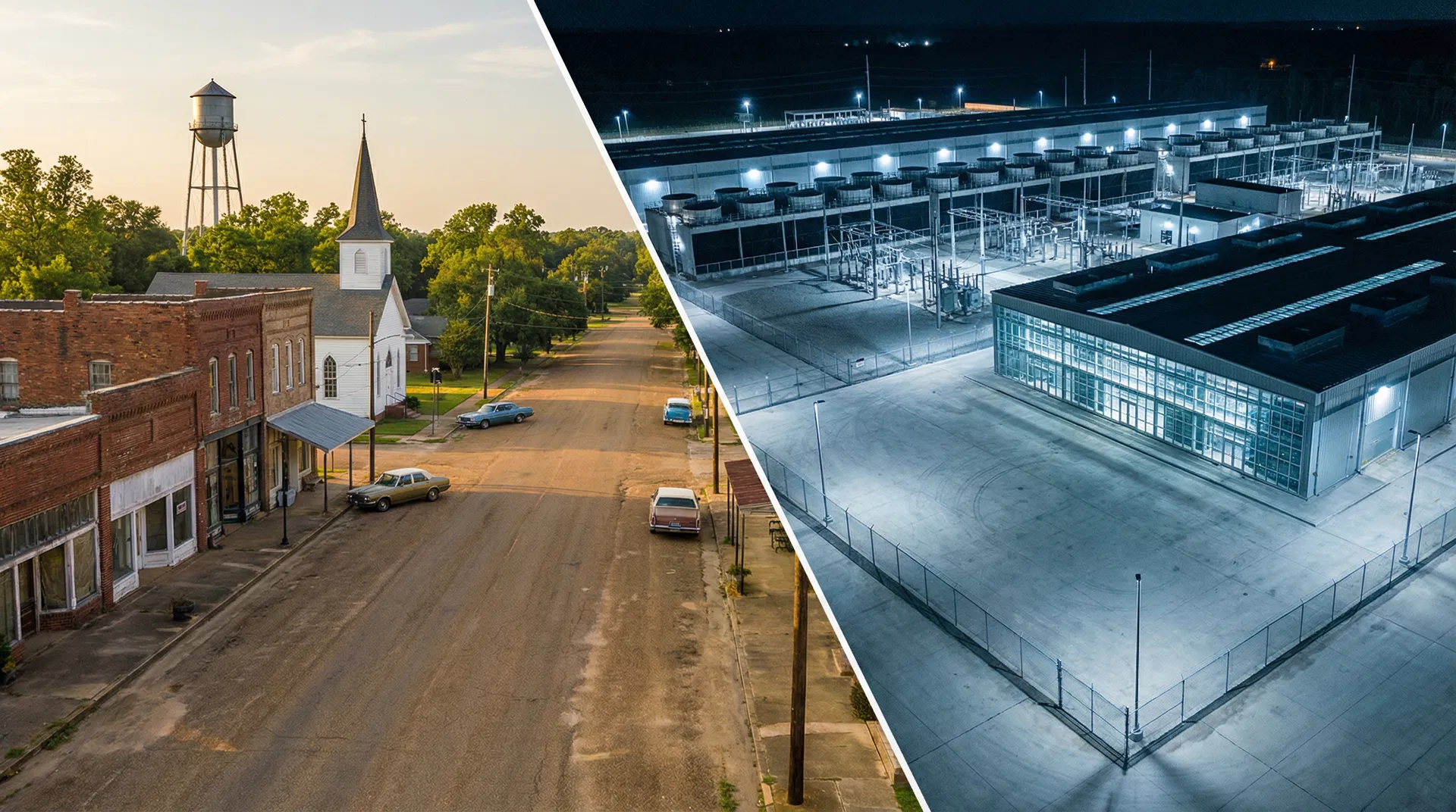 Contrast between rural town and massive data center